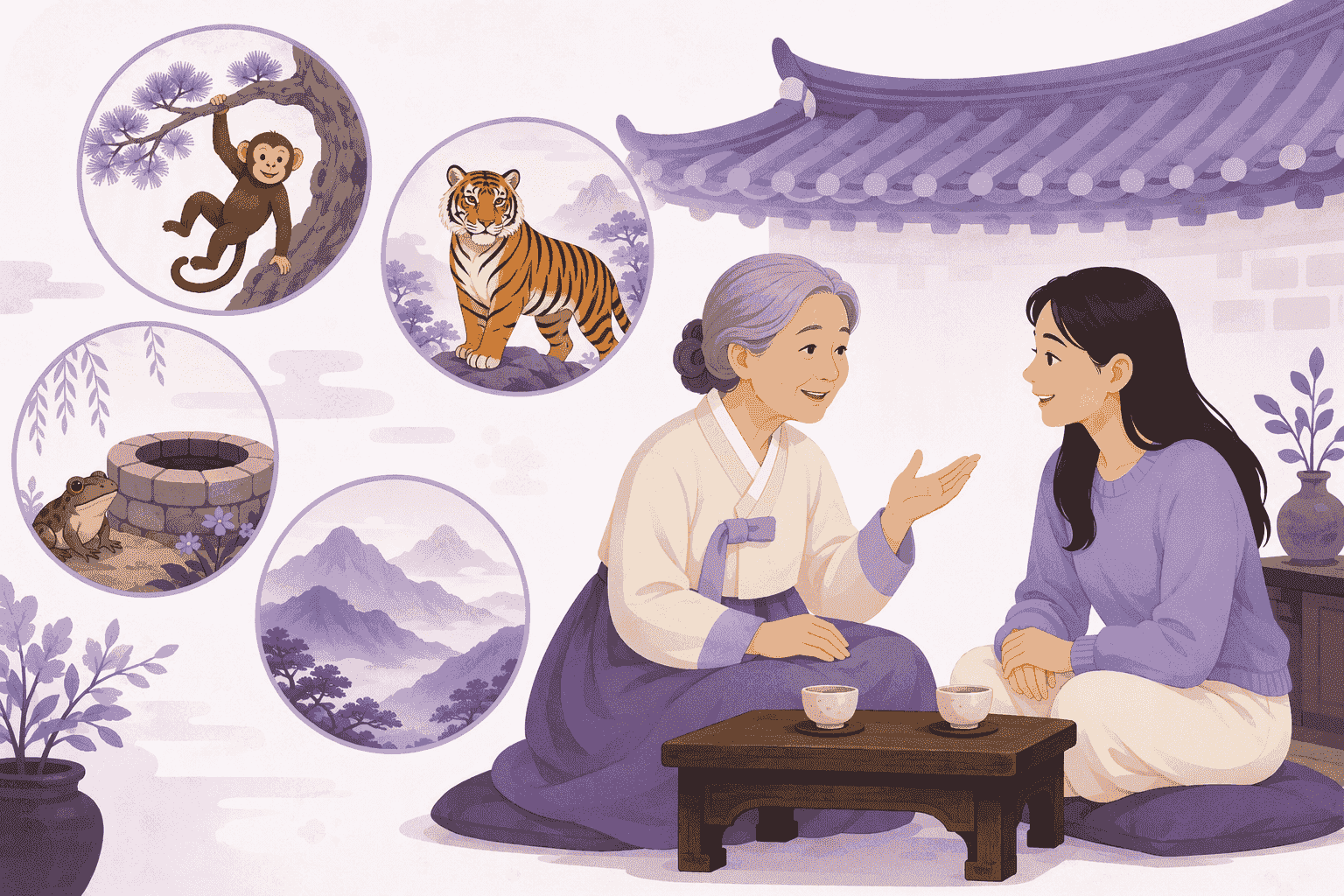 An older Korean woman sharing advice with a younger woman over tea, surrounded by illustrated scenes from classic Korean proverbs: a monkey in a tree, a tiger, a frog beside a well, and distant mountains
