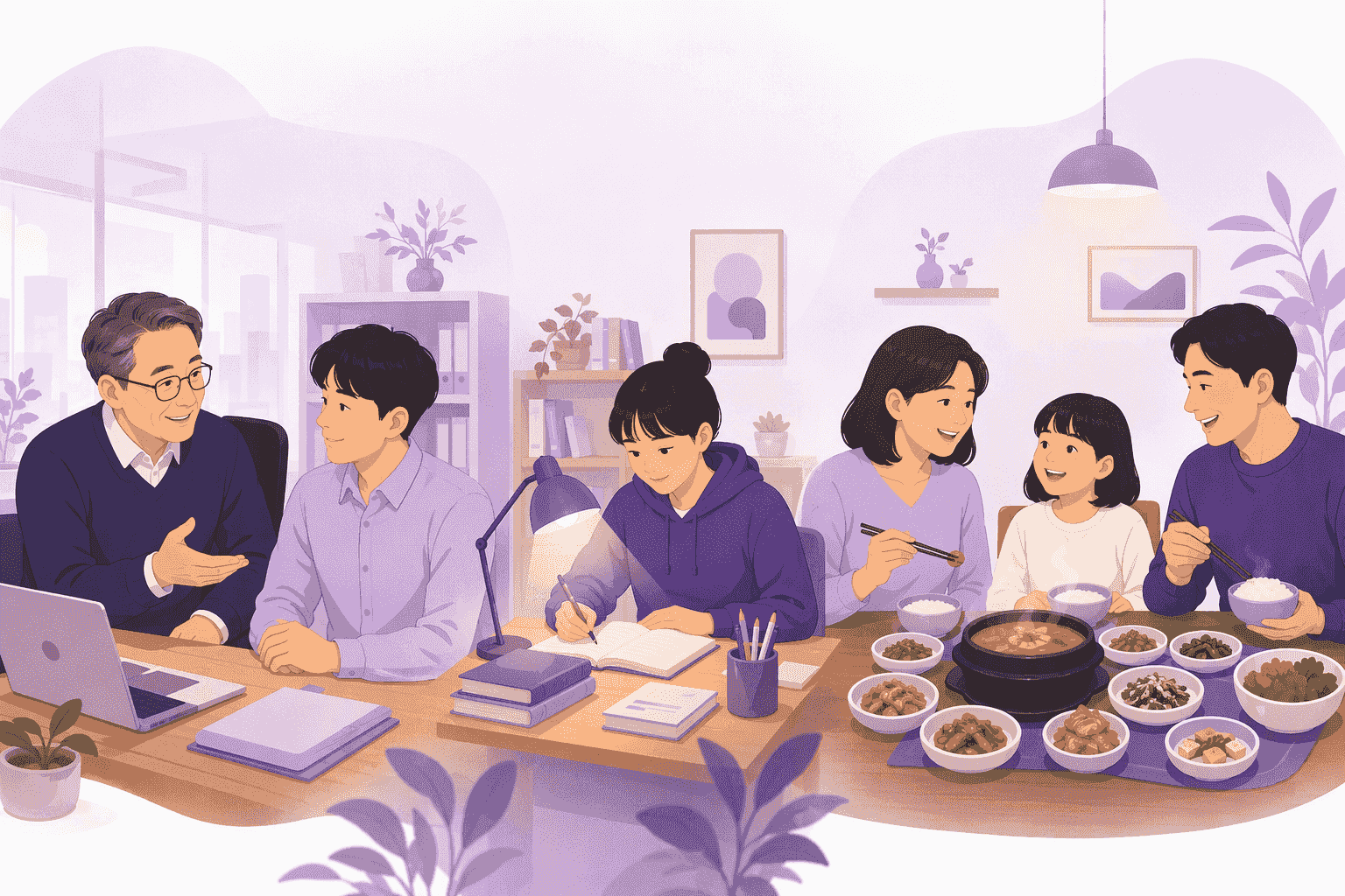 Three everyday Korean settings where proverbs are used: a senior colleague gently advising a junior at an office desk, a student studying late at a lamp-lit desk, and a family sharing a meal with many small side dishes