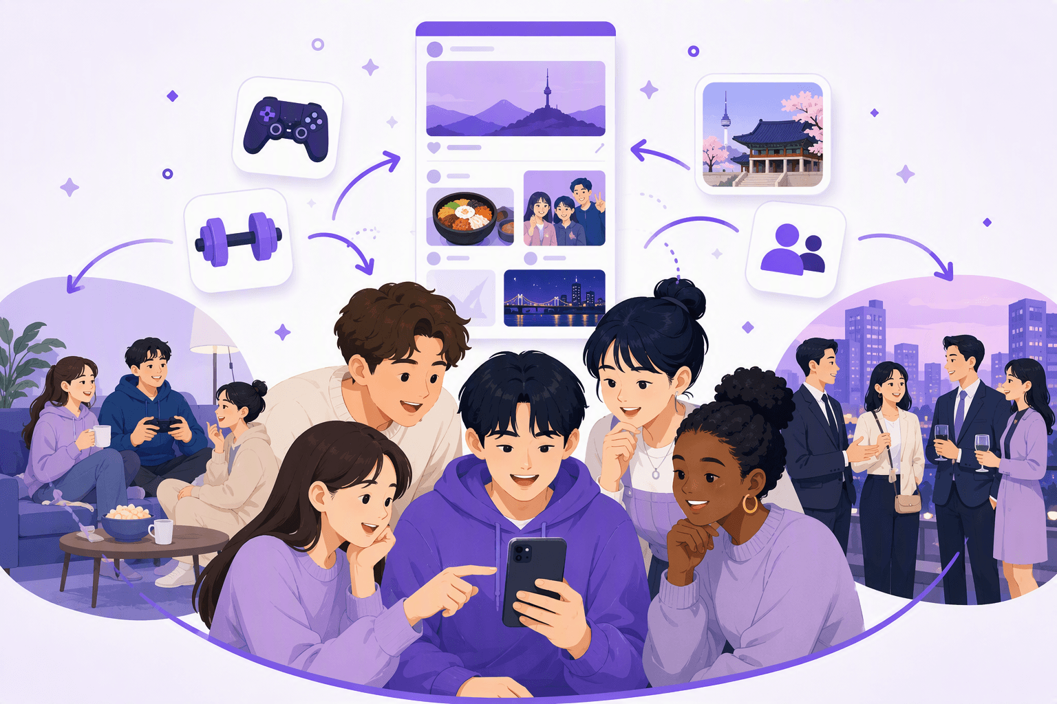 Flat-vector illustration of diverse young Korean language learners using a smartphone beside symbols representing online communities, gaming, fitness, casual messaging, and contrasting relaxed and formal social situations.