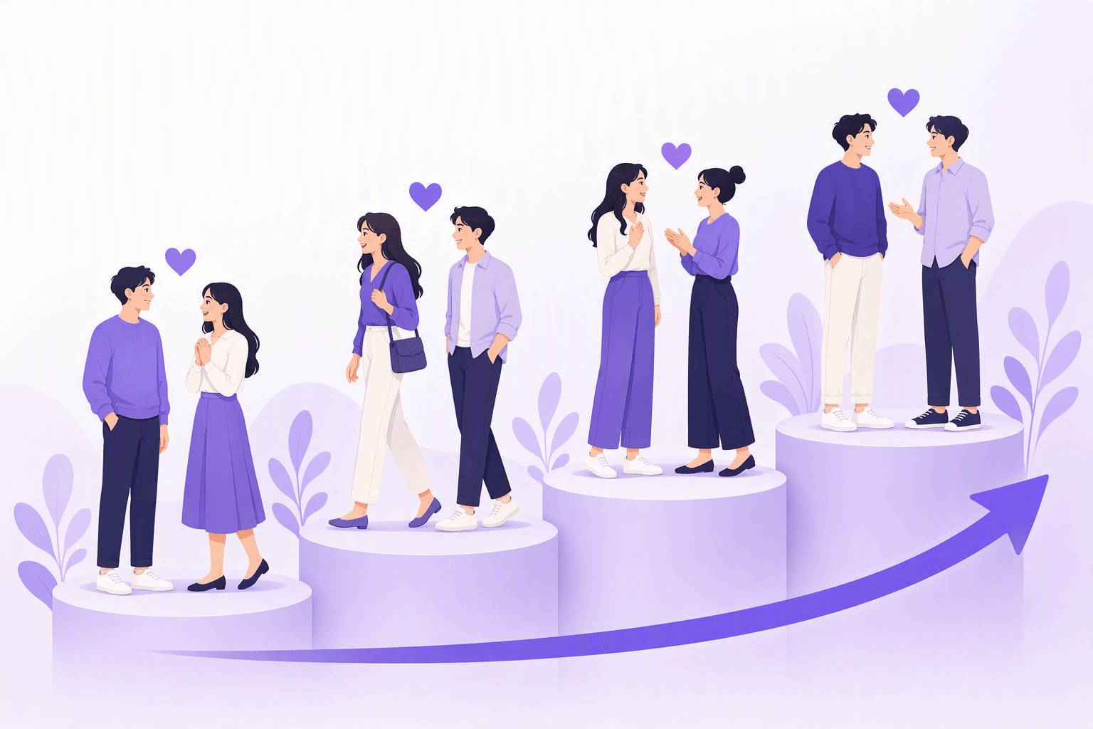Four couples of young adults standing on gently rising rounded platforms, each pair turned toward one another with a small floating heart between them - a man and a woman, a woman and a man, two women, and two men - with a curved arrow sweeping upward along the platforms to suggest an age ladder