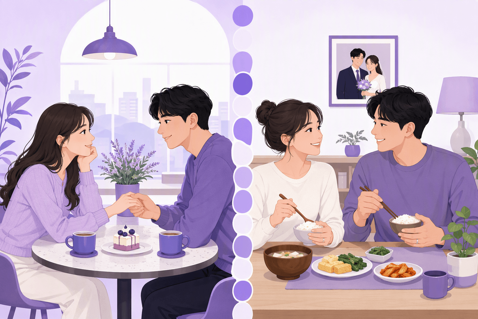 A split scene: on the left a dating couple sitting across a small round cafe table, holding hands over coffee cups and a slice of cake with a city window behind them; on the right a married couple sharing a home breakfast of rice, soup and side dishes, wedding rings on their fingers and a framed wedding photo on the wall