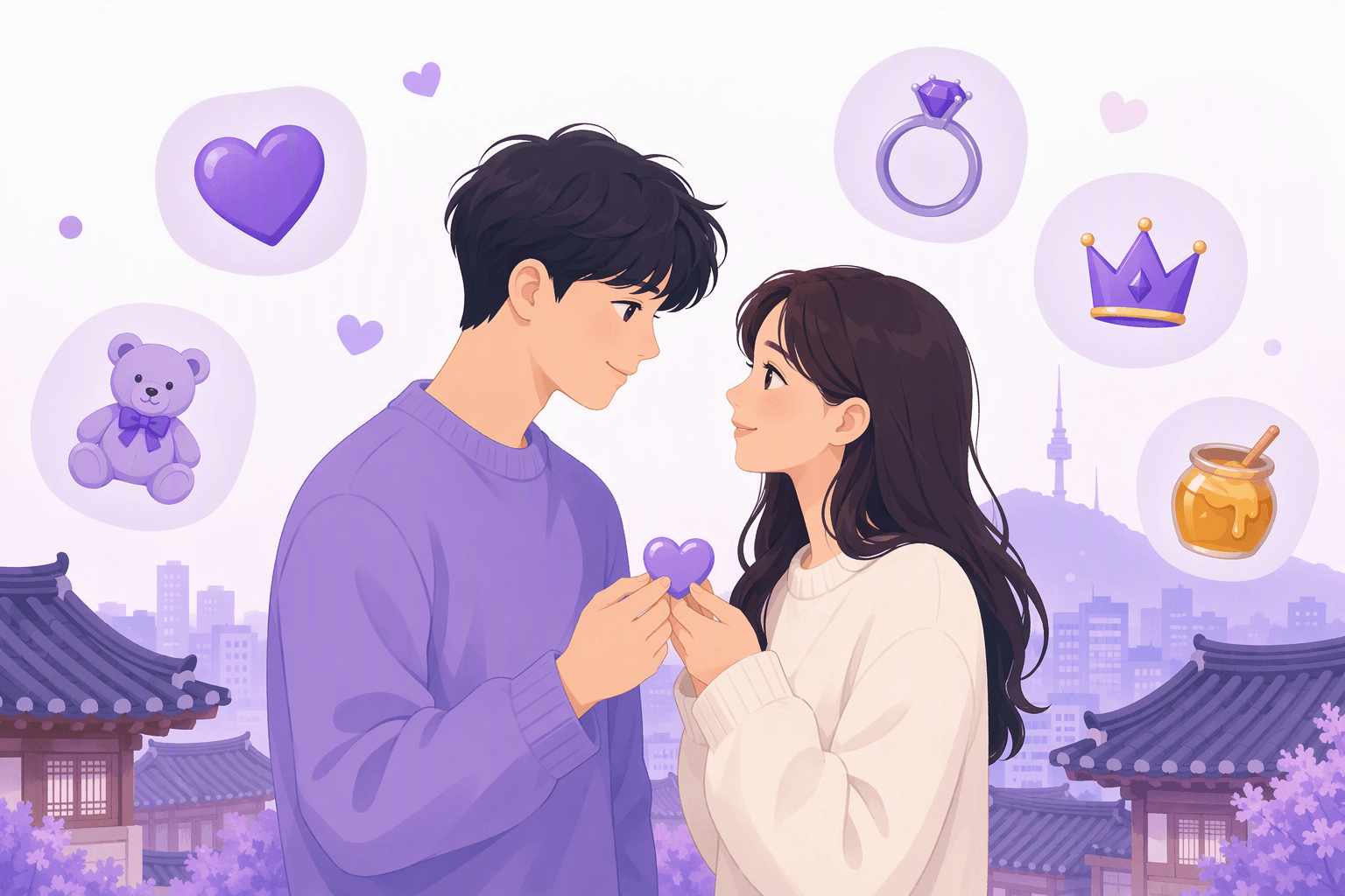 A young Korean couple standing face to face and smiling as they pass a small heart between them, surrounded by floating icons of affection - a heart, a wedding ring, a teddy bear, a crown and a honey jar - with hanok rooftops and a pastel Seoul skyline behind them