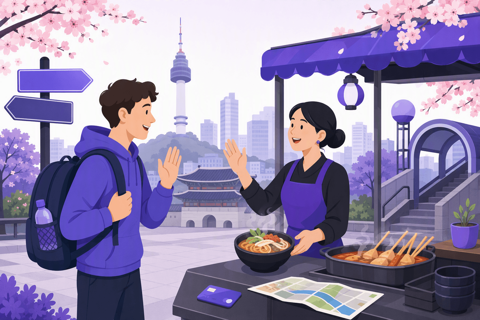 Flat-vector illustration of a traveler and Korean local greeting each other near a Seoul street-food stall, surrounded by noodles, blank directional signs, a subway entrance, a payment card, a map, cherry blossoms, and a city skyline.