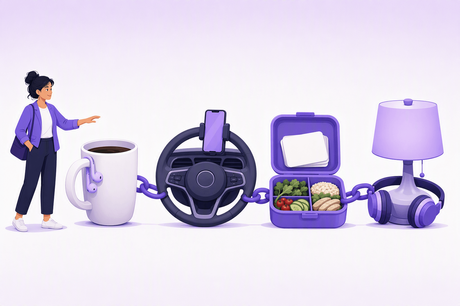 Four everyday objects from a working adult's day joined left to right by a thick chain, each carrying one small learning tool: a coffee mug with earbuds hooked over its handle, a car steering wheel with a phone in its cradle, an open lunch box with a stack of blank review cards inside the lid, and a bedside lamp with headphones resting at its base, while an adult on the left reaches toward the mug, showing new practice habits clipped onto habits that already exist