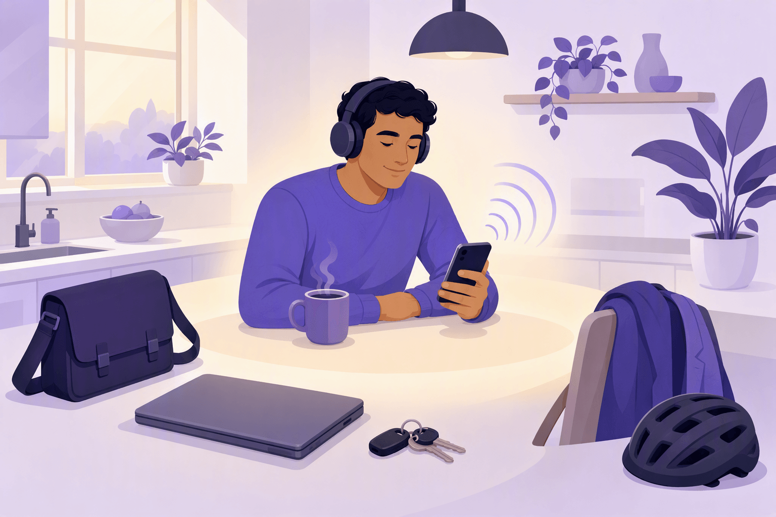An adult sitting at a kitchen counter early in the morning wearing headphones and holding a phone with sound waves rising from it, a coffee mug at their elbow, surrounded at a distance by the objects of a busy grown-up day: a work bag, a closed laptop, keys, a jacket on a chair and a bicycle helmet, with a soft pocket of warm light around the learner showing a small protected slot of daily practice inside a full schedule