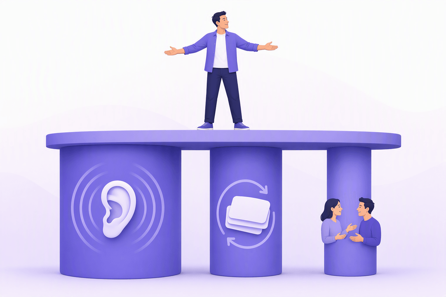 One wide platform carried by three rounded columns of deliberately unequal width, with a relaxed adult standing on top with open arms: the widest column shows a large ear ringed by sound waves for listening input, the medium column shows a small stack of blank cards inside a looping arrow for spaced repetition, and the narrowest column shows two people turned toward each other with open-handed gestures for speaking practice