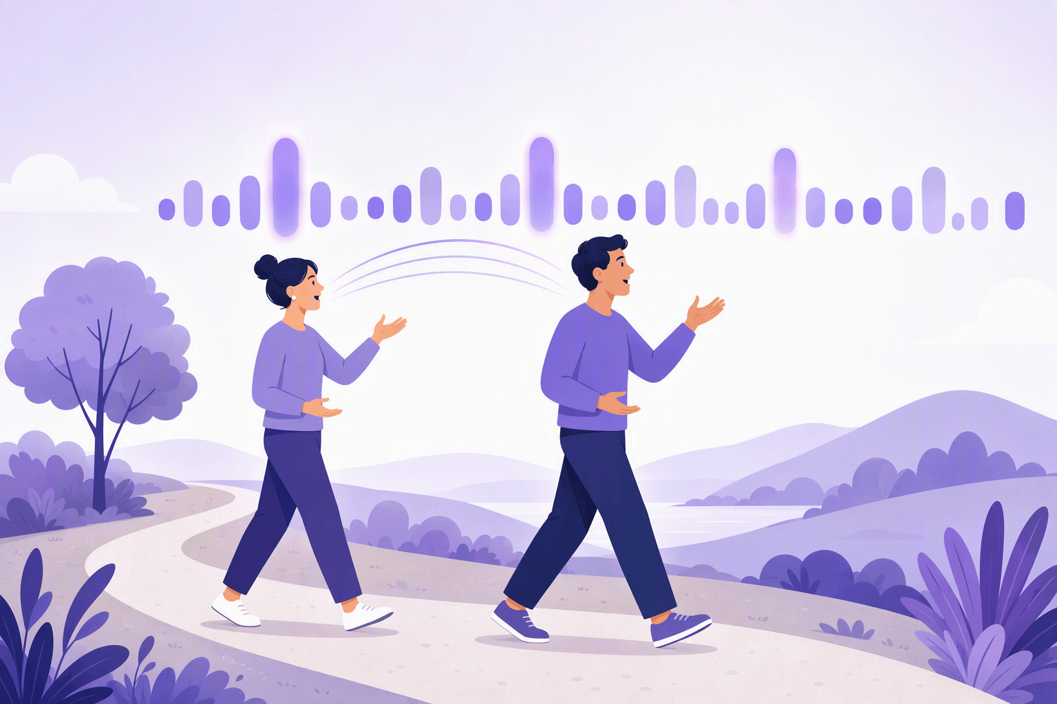 Two adults walking along a curving path, the front one speaking with an open relaxed gesture and the second one a step behind mirroring the same gesture like a delayed echo, with a band of rounded bars of alternating heights running above them and the tallest bars glowing to mark the stressed beats, illustrating shadowing and stress rhythm