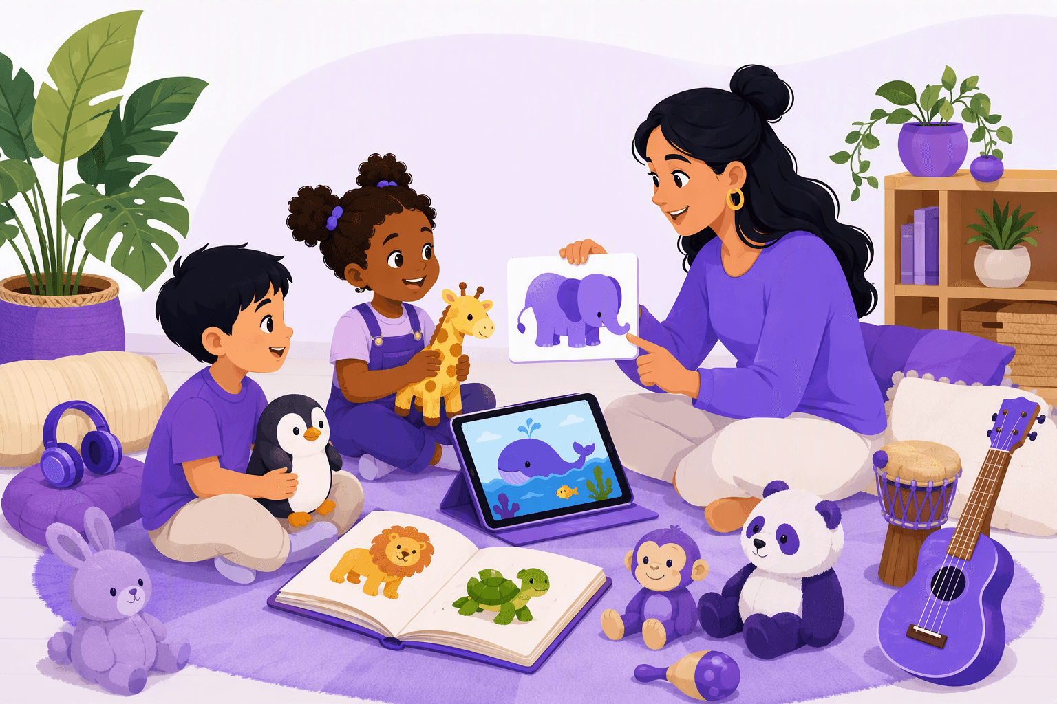 A parent and two children practice a language through picture books, toys, music, and a tablet in a bright, comfortable home learning space.