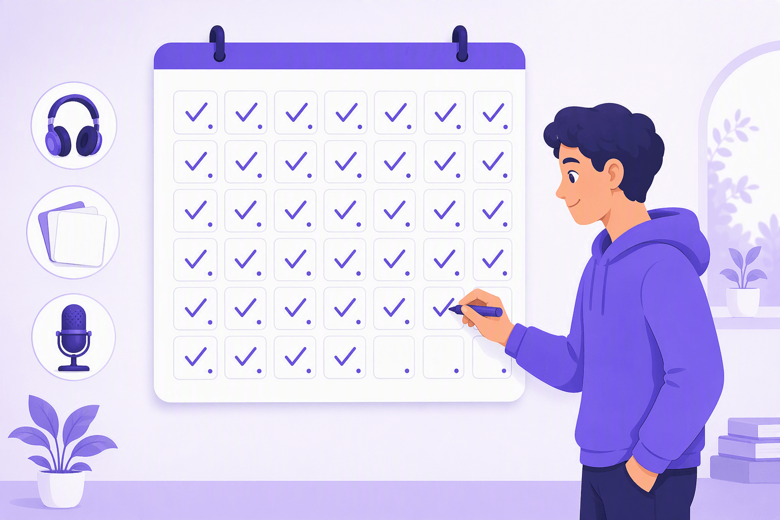 A calendar page with most days marked by check marks and a few still blank, next to icons of headphones, flashcards and a microphone