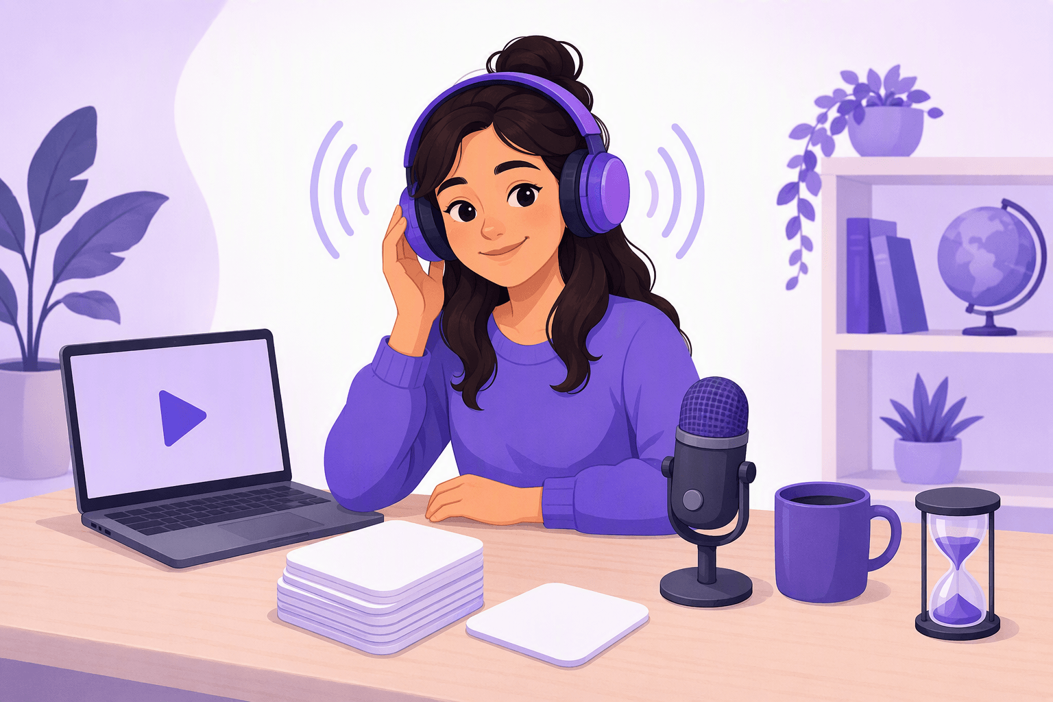 A beginner language learner at a desk with a starter kit: headphones, a laptop showing a clip, a stack of blank flashcards, a microphone and an hourglass