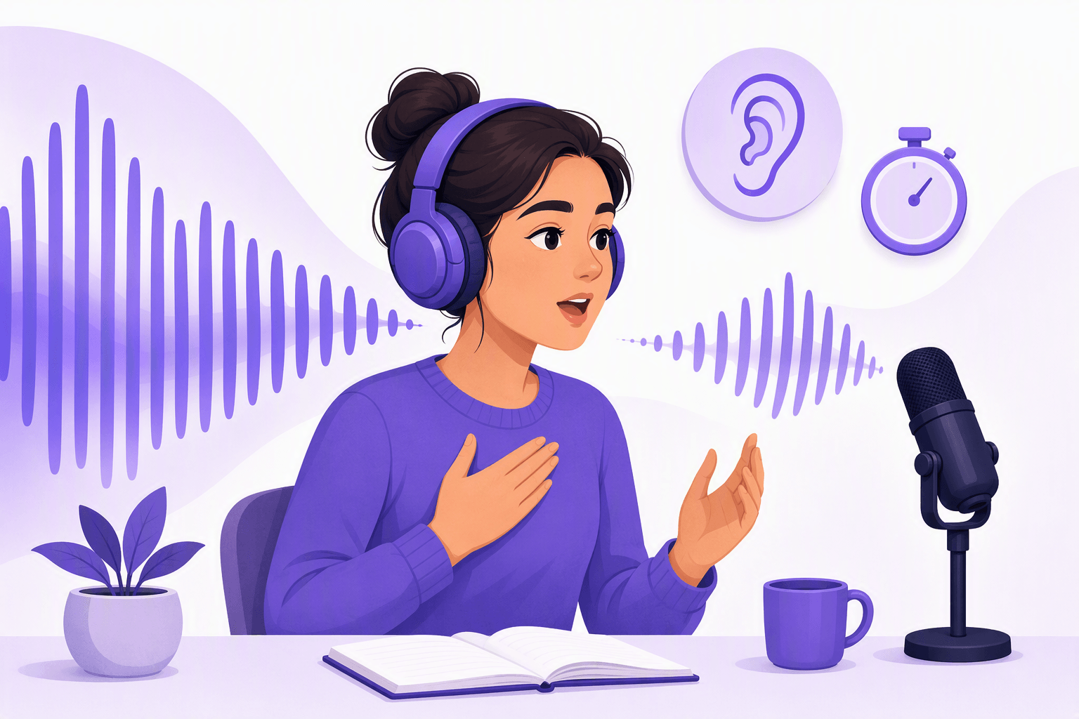 A learner in headphones repeating a line back into a microphone, the incoming sound wave mirrored by a smaller outgoing wave