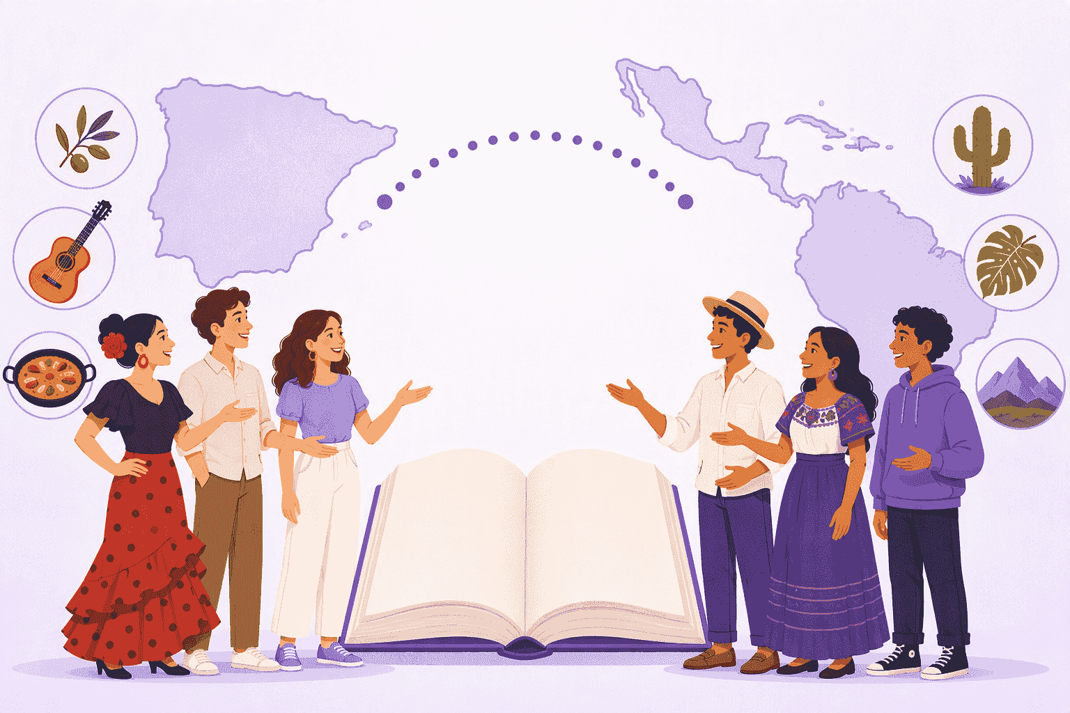 Illustrated map of Spain and Latin America with two groups of Spanish speakers facing each other around a shared open book