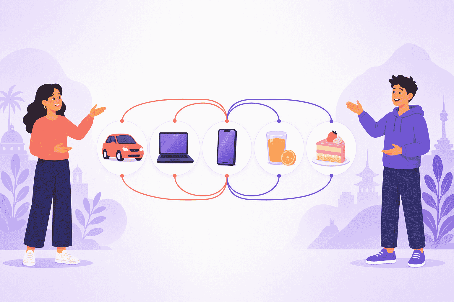 Illustration of two Spanish speakers pointing at the same everyday objects, a car, a laptop, a phone, a glass of juice and a slice of cake, with two separate sets of connecting lines
