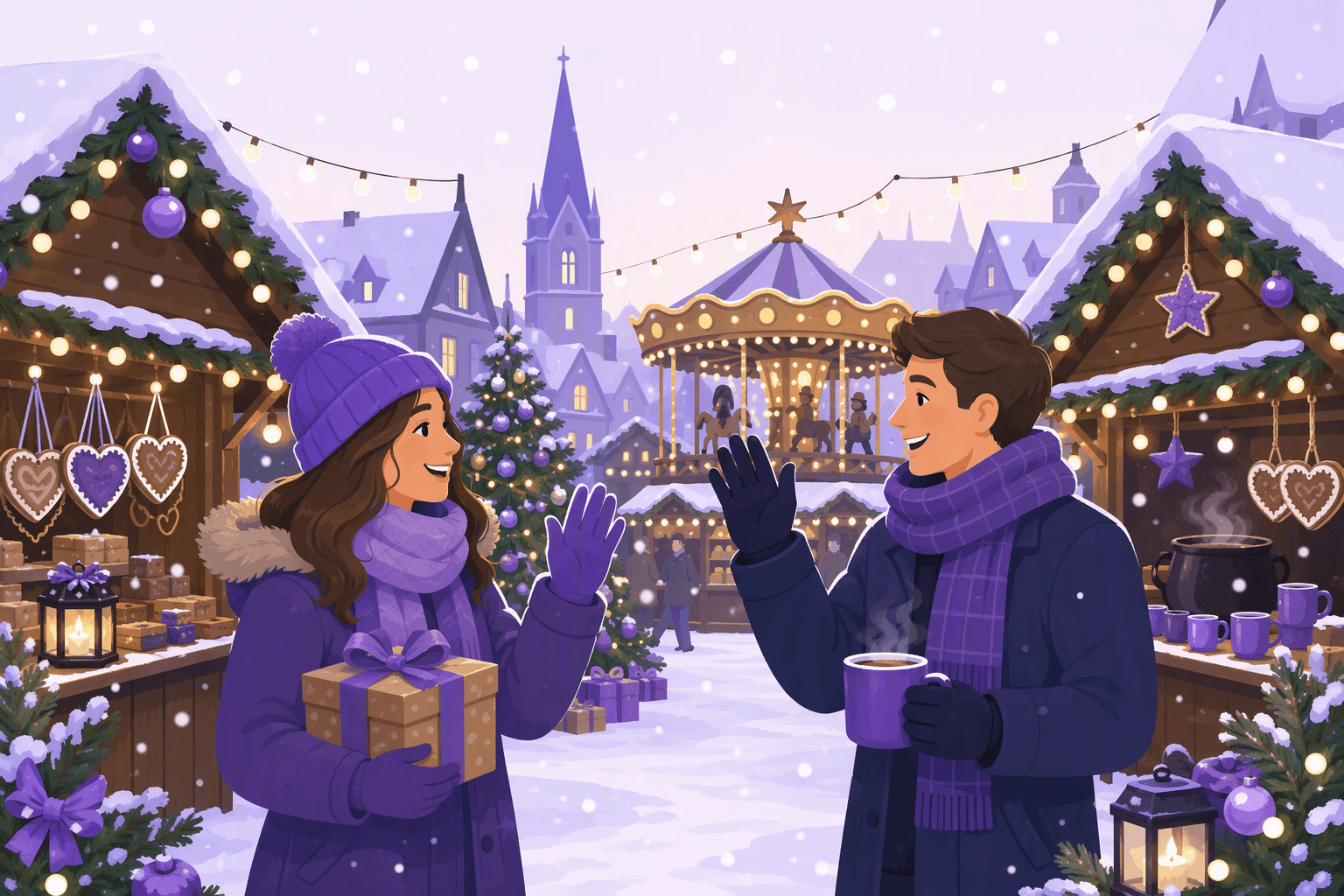 Two friends in winter coats waving to each other at a snowy German Christmas market, with lit wooden stalls, a decorated fir tree and steaming mugs of mulled wine