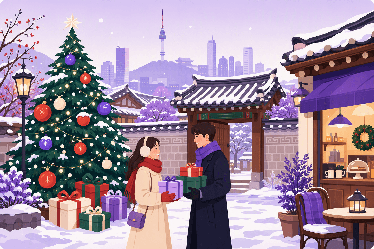 Flat-vector illustration of two people exchanging gifts beside a decorated Christmas tree on a snowy Korean street featuring Seoul-inspired buildings, a hanok gate, and warmly lit cafés.