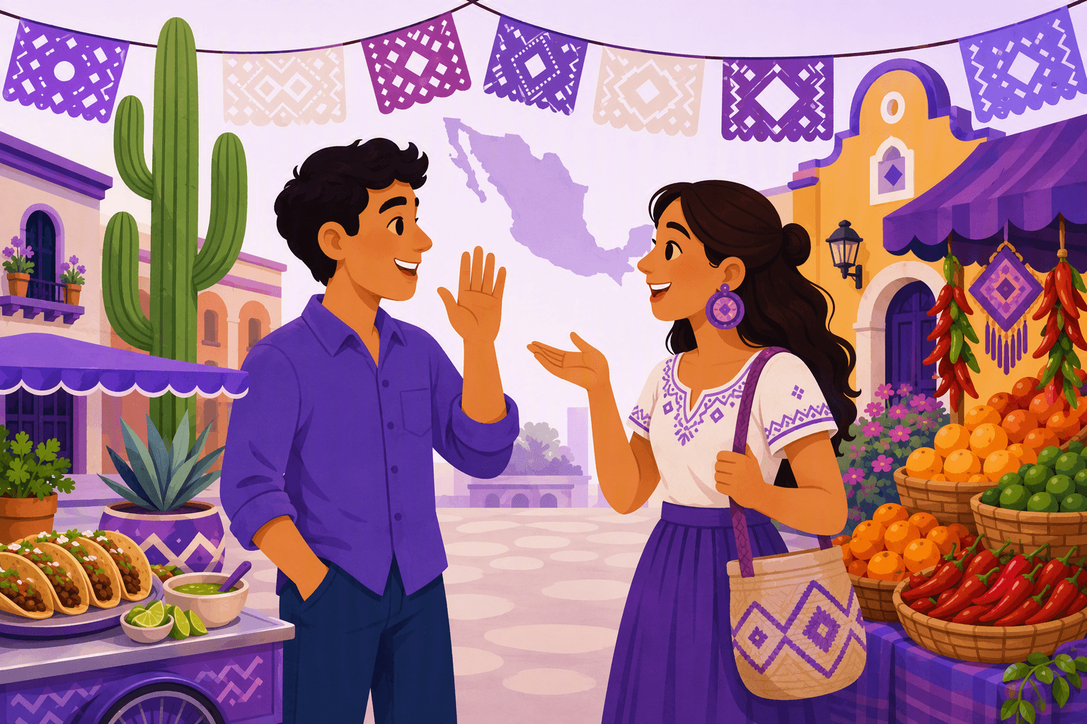 Two friends talking in a Mexican plaza with a taco cart, chili and fruit market stalls, cactus and papel picado banners