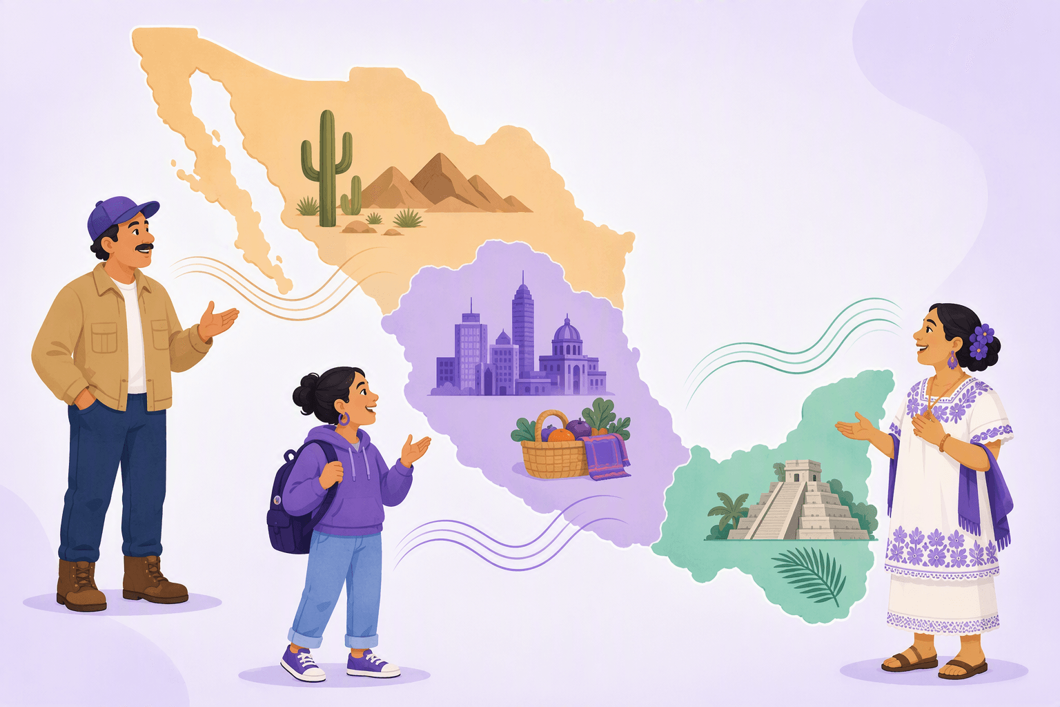 Map of Mexico split into three speech regions with a northern, a central and a southeastern speaker beside it