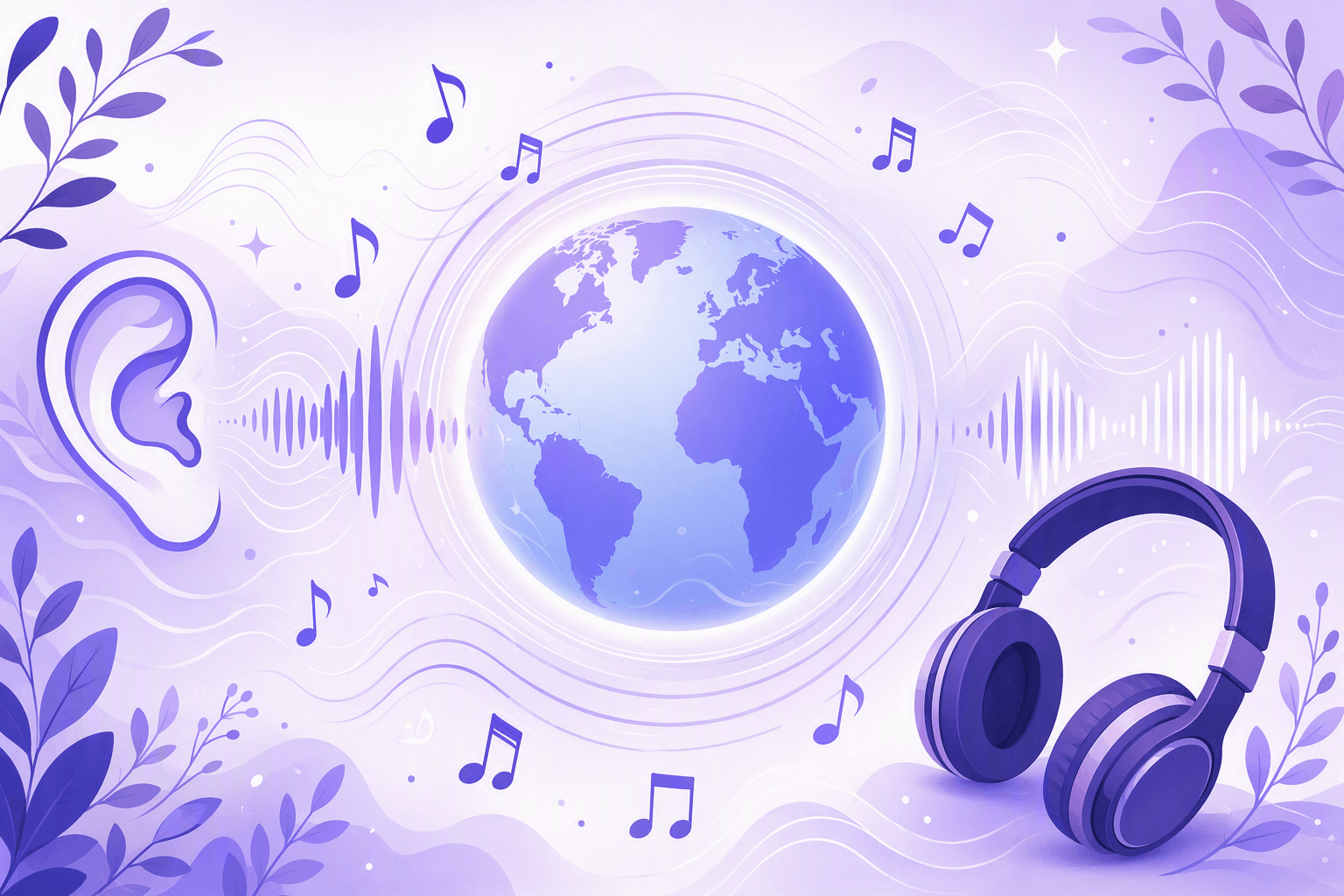 Glowing globe between a large ear and a pair of headphones, with sound waves and floating music notes radiating outwards, representing the sound of the world's languages