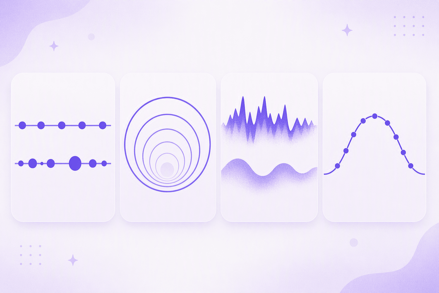 Four-panel diagram showing steady versus uneven rhythm, open vowel circles, rough versus smooth consonant texture, and a rising and falling pitch curve