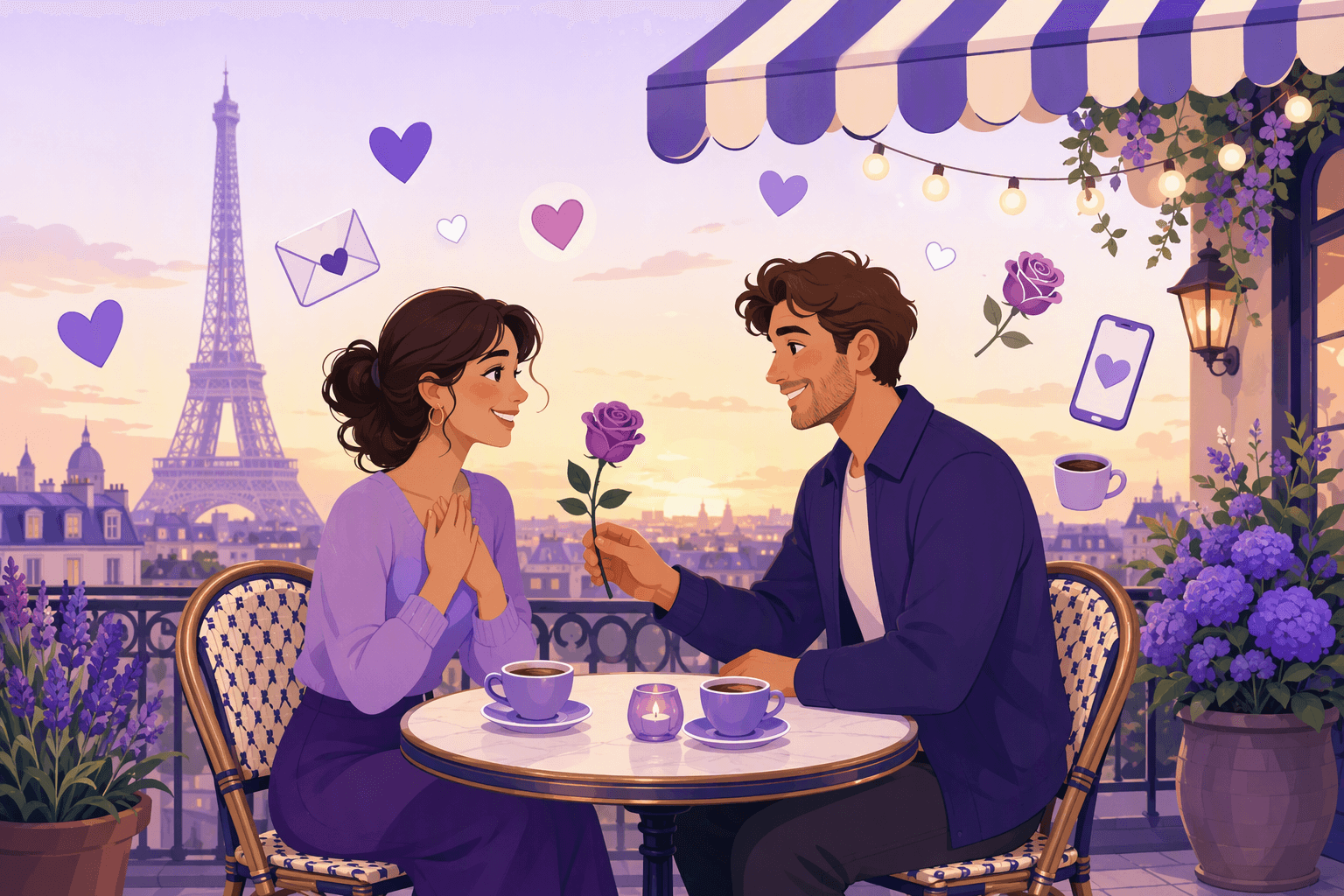 A couple on a Paris cafe terrace at sunset, one offering a rose, surrounded by hearts, a love letter, a phone with a heart and the Eiffel tower