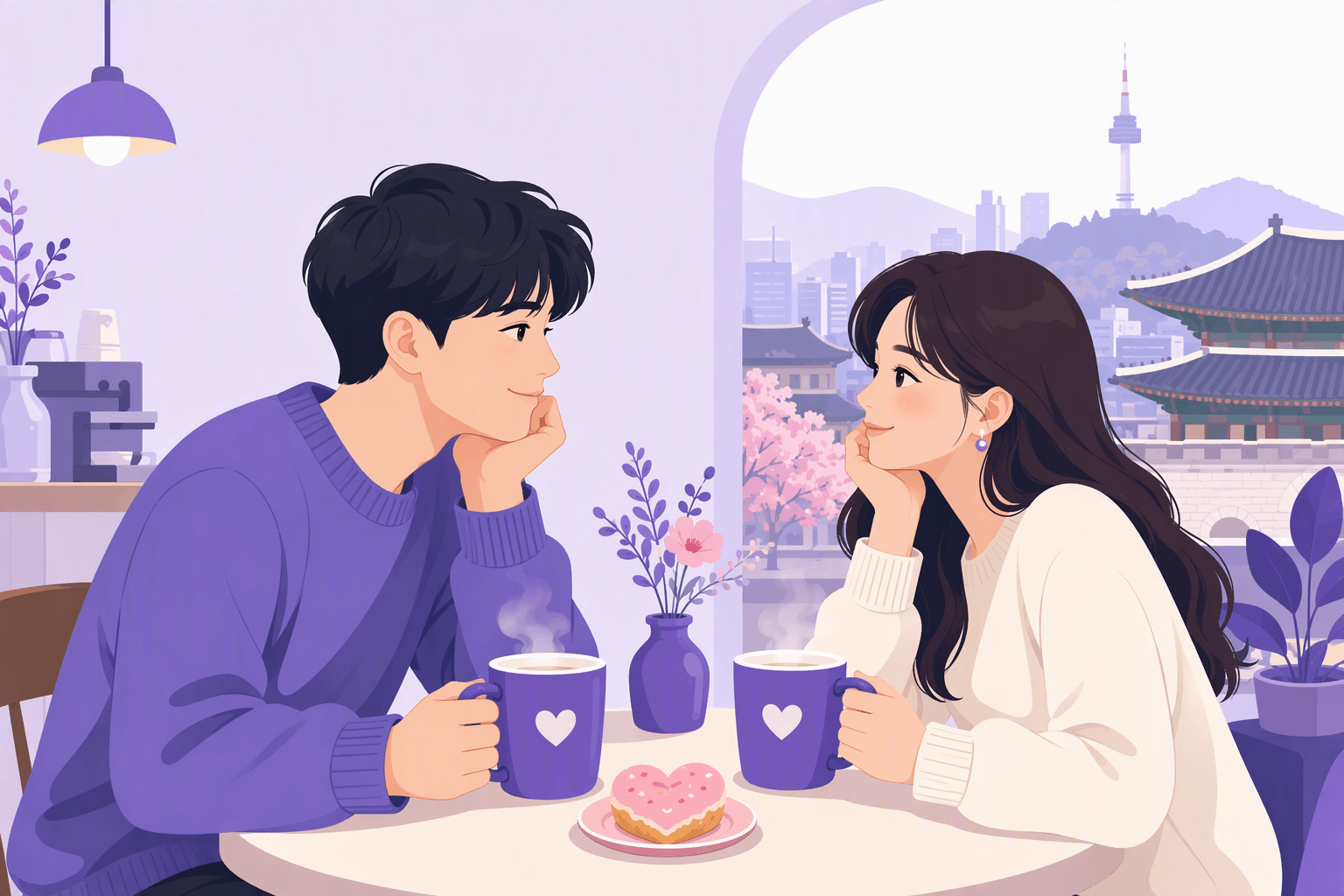Flat-vector scene of a Korean couple sharing a quiet romantic moment across a café table with steaming mugs, a heart-shaped pastry, and subtle warm-colored accents.