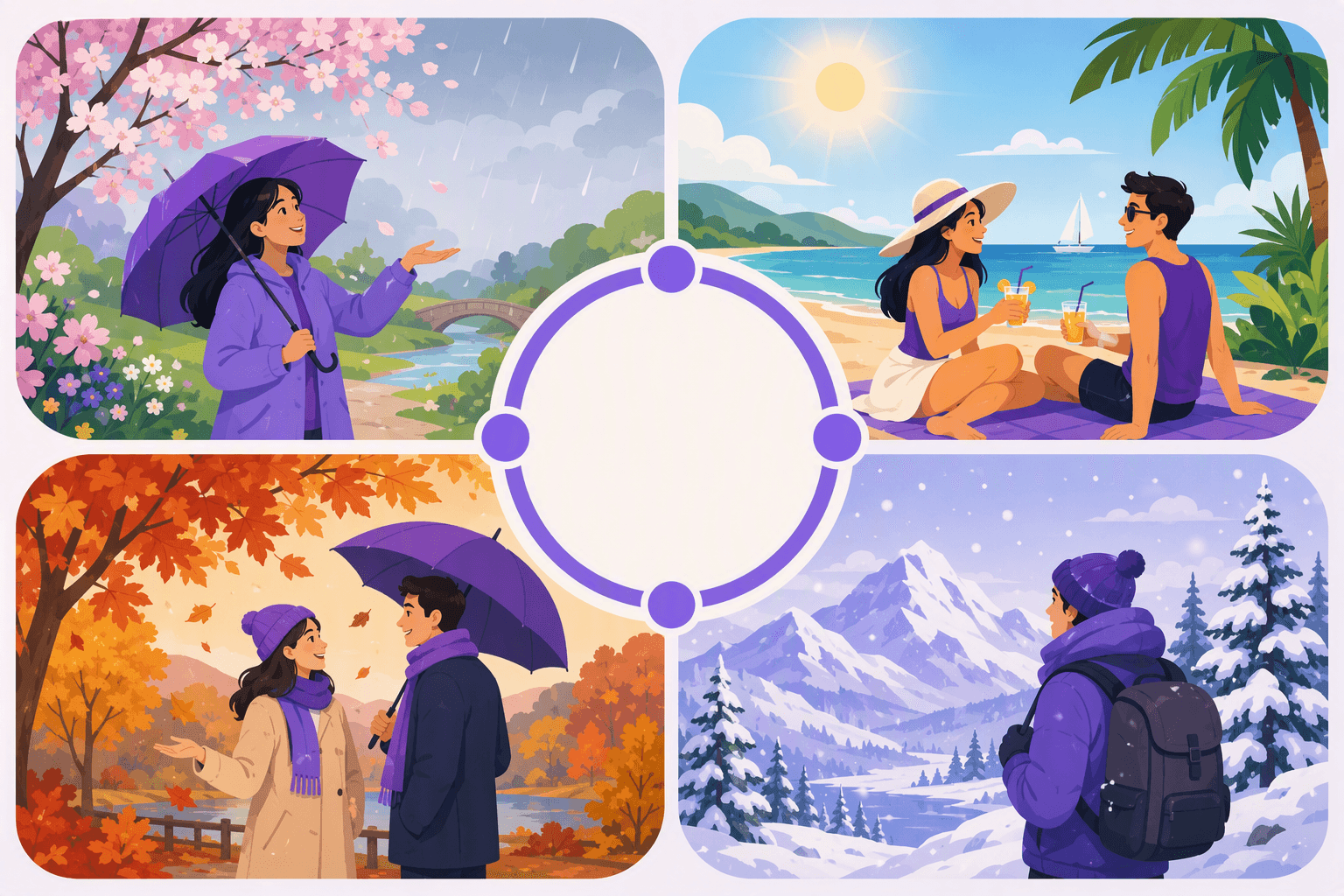 Flat-vector illustration divided into four seasonal scenes: a rainy blossoming spring, a sunny beach summer, a leafy autumn with an umbrella, and a snowy winter with mountains and a bundled traveler.
