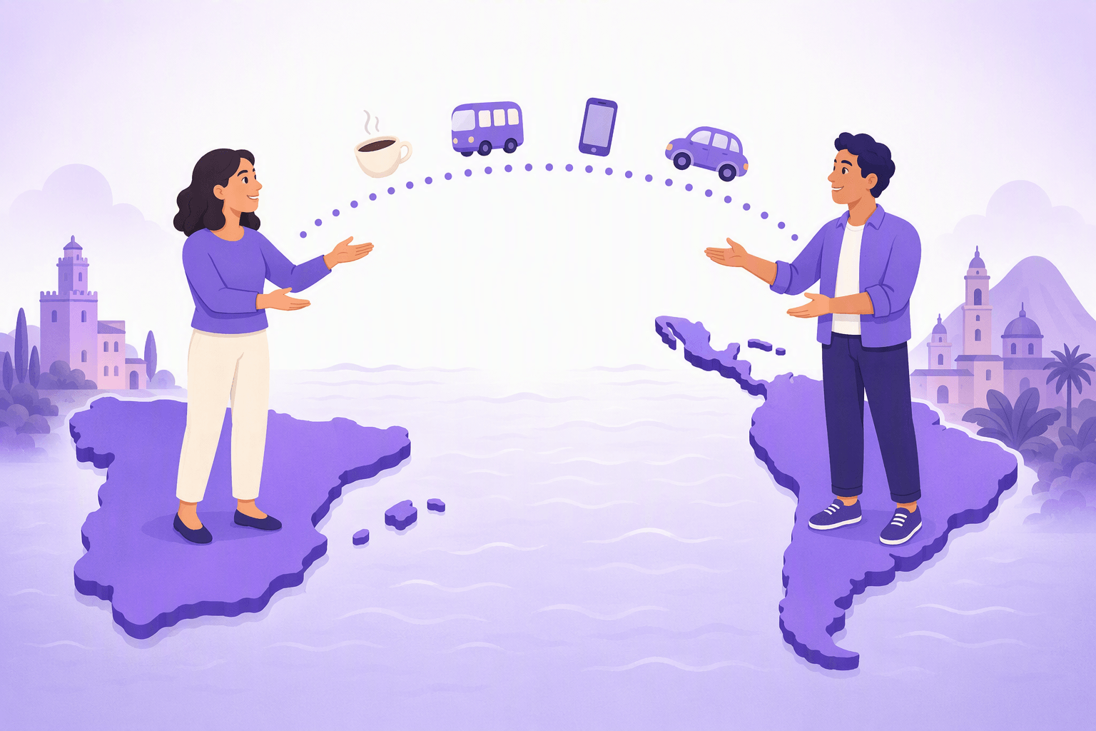 Two Spanish speakers standing on the Iberian peninsula and on Latin America, connected by an arc of everyday objects