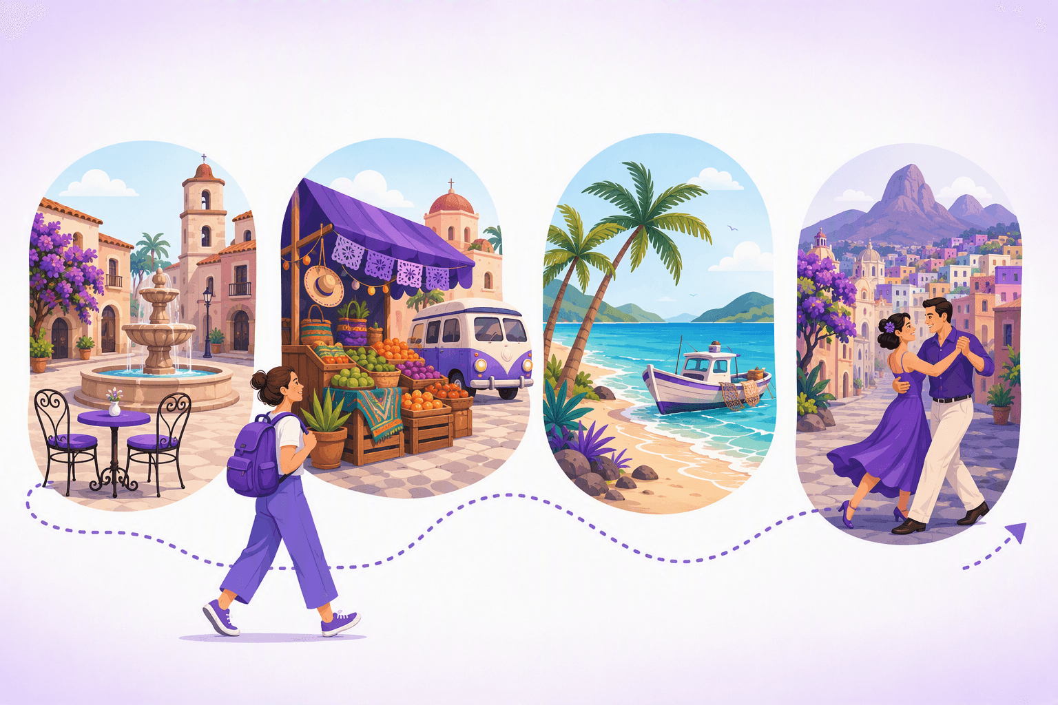 Four travel scenes in a row: a Spanish plaza, a Mexican market stall, a Caribbean beach and a South American city street, linked by a traveler's path