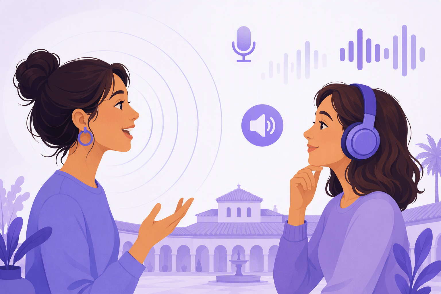 Two women practicing Spanish pronunciation out loud, sound waves travelling between them, with a Spanish plaza in the background