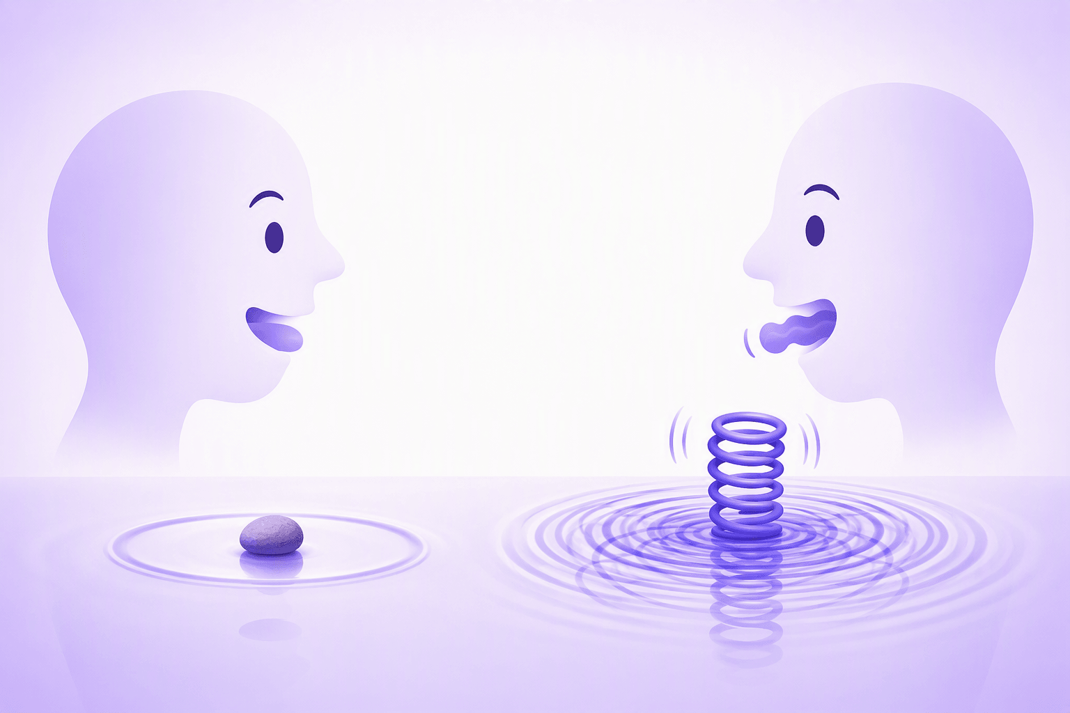 Visual metaphor for the two Spanish R sounds: a pebble making one single ripple for the tap, and a rapidly vibrating coil making many ripples for the rolled trill