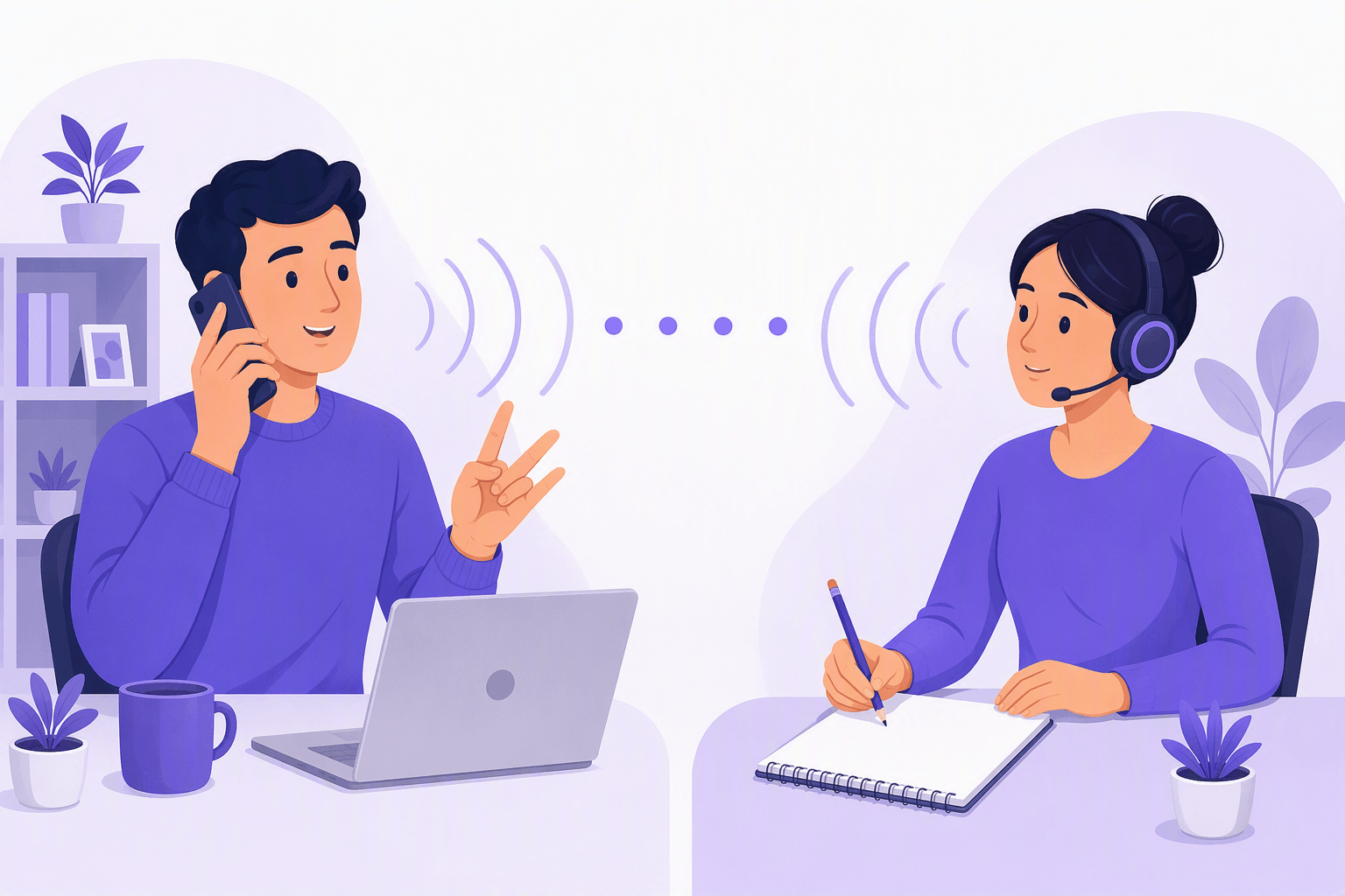 A person spelling their details slowly over the phone, counting items off on their fingers, while a call agent listens through a headset and writes on a blank notepad