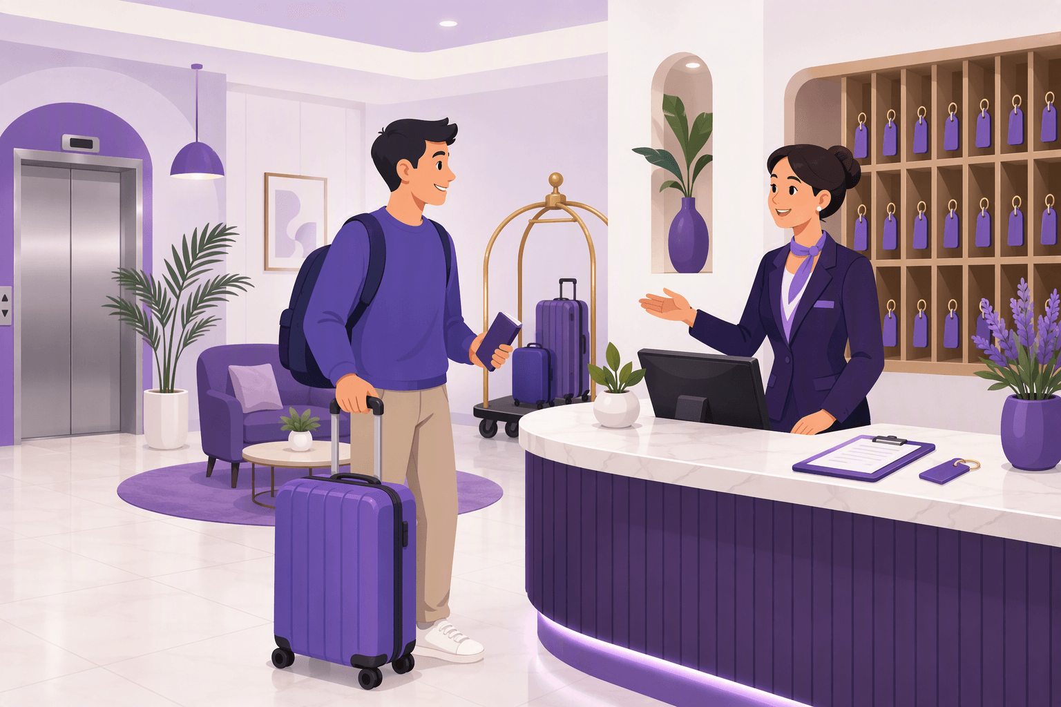 Flat-vector illustration of a traveler with luggage and passport checking in at a hotel reception desk with a receptionist, key card, clipboard, luggage cart, elevator, and potted palm in the lobby.