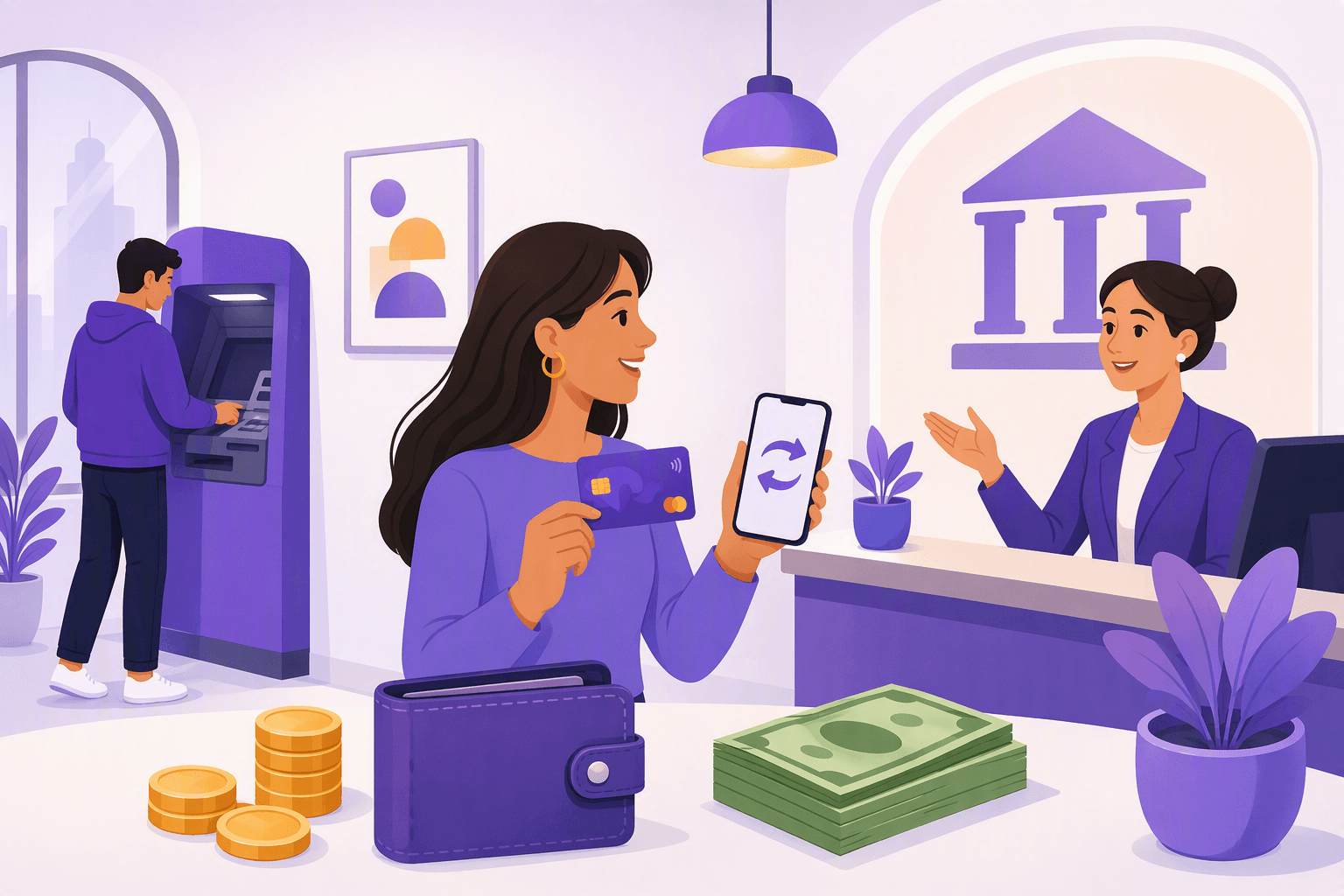 Flat-vector illustration of people handling everyday banking at a branch, including an ATM, bank card, smartphone transfer, teller counter, cash, coins, and wallet.