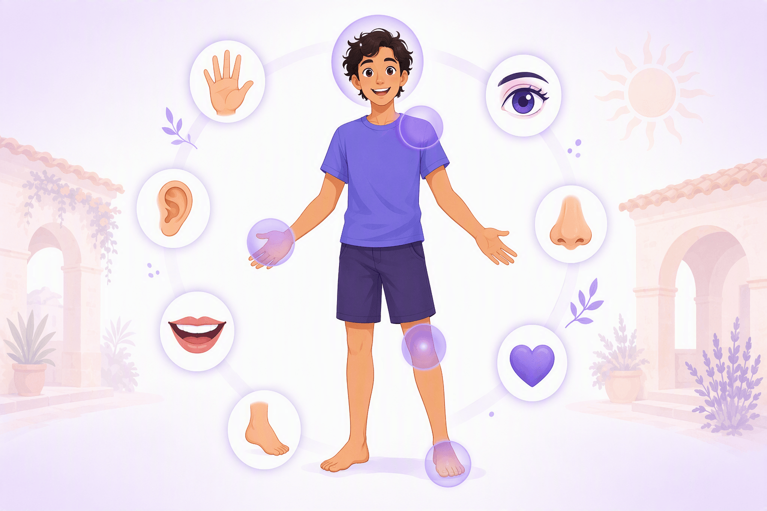 Illustration of a smiling person with soft highlights on head, shoulder, hand, knee and foot, surrounded by icons of a hand, foot, eye, ear, nose, mouth and heart