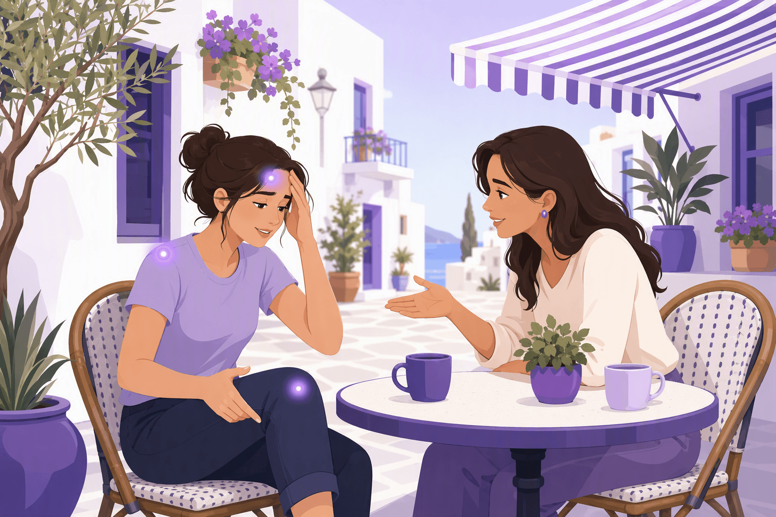 Illustration of two friends talking at a sunny terrace cafe, one touching her forehead and pointing at her knee while the other listens with an open, caring gesture