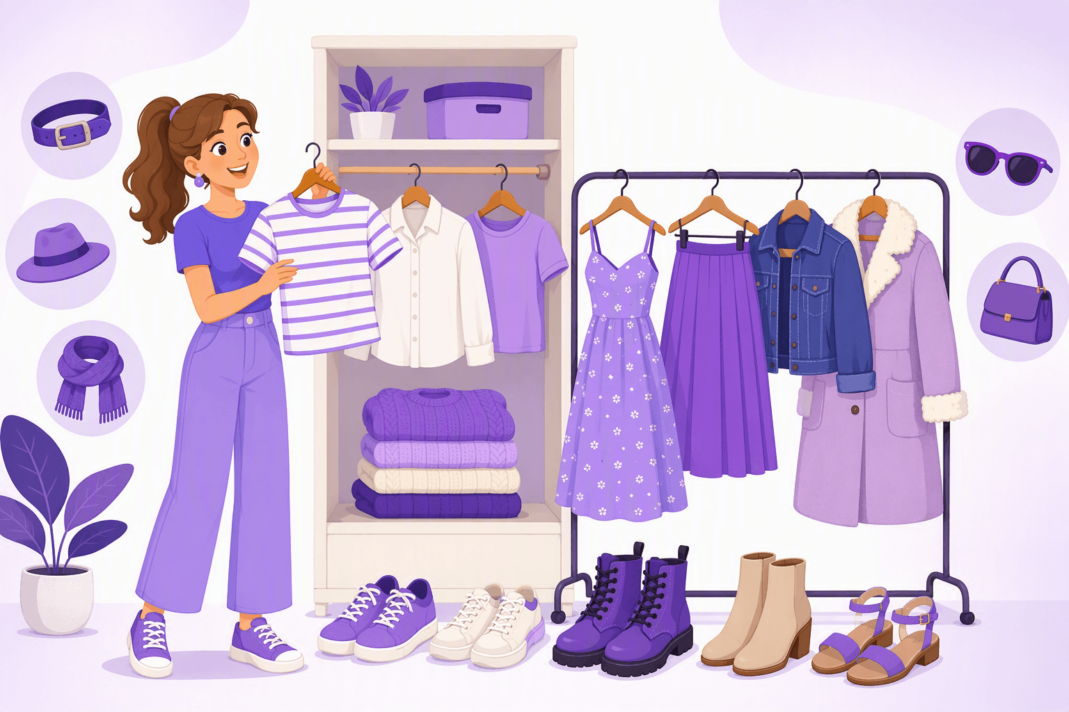 Illustrated wardrobe and clothing rack showing core Spanish clothing vocabulary: shirt, T-shirt, dress, skirt, jacket, coat, sneakers, boots, sandals and accessories