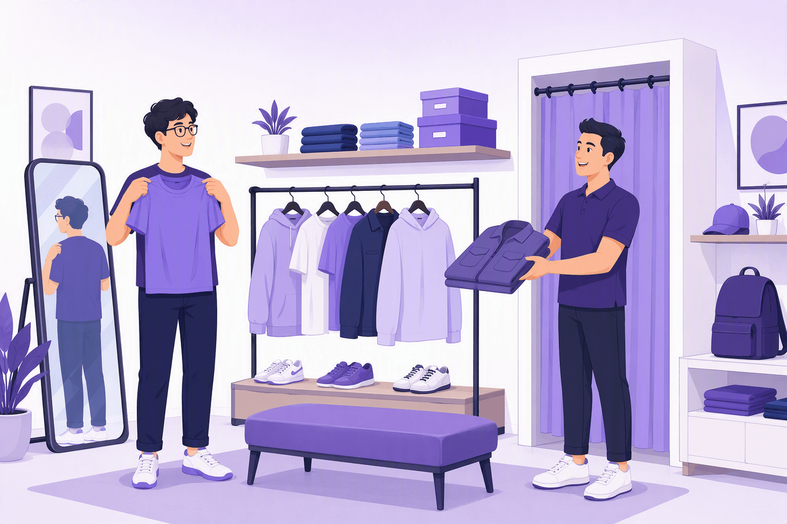 Illustrated clothing store with a fitting room, a shopper checking a T-shirt in the mirror and a shop assistant handing over a folded jacket