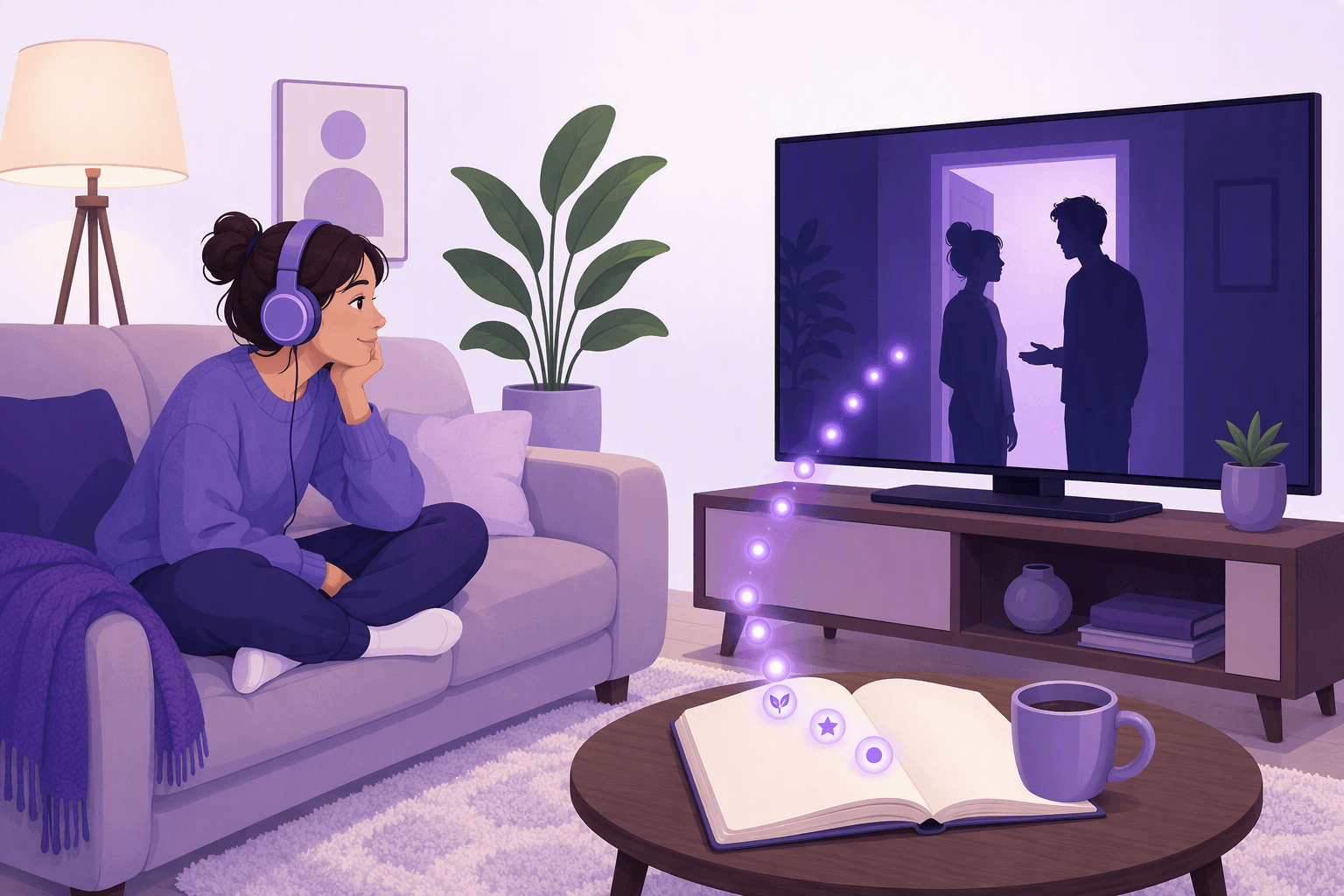 A learner watching a paused film scene with headphones on, while glowing marks travel from the screen into an open notebook on the coffee table