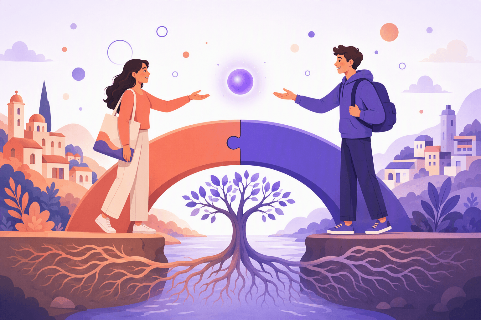 Two learners meeting on a bridge built from interlocking puzzle halves, with a single tree whose roots spread under both banks, illustrating the shared Latin origin of Spanish and English words