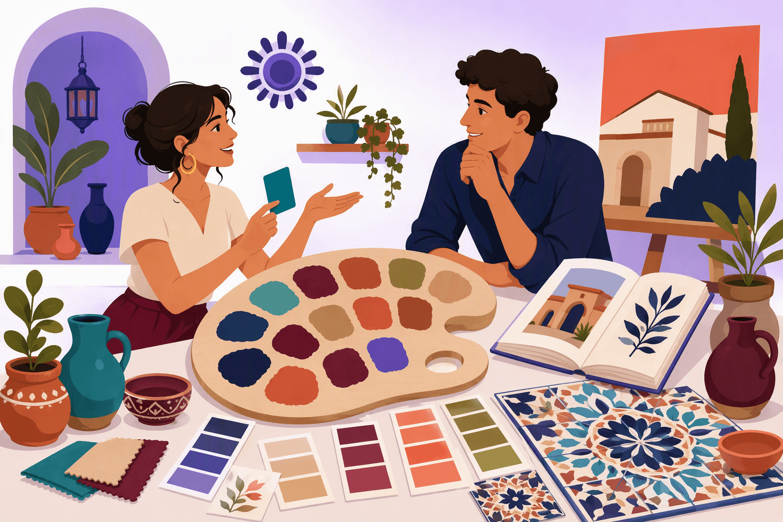 Flat-vector scene showing a Spanish-inspired color studio with a palette of many shades, unlabeled color cards, varied colored objects, an open grammar book, and a ceramic tile mosaic.