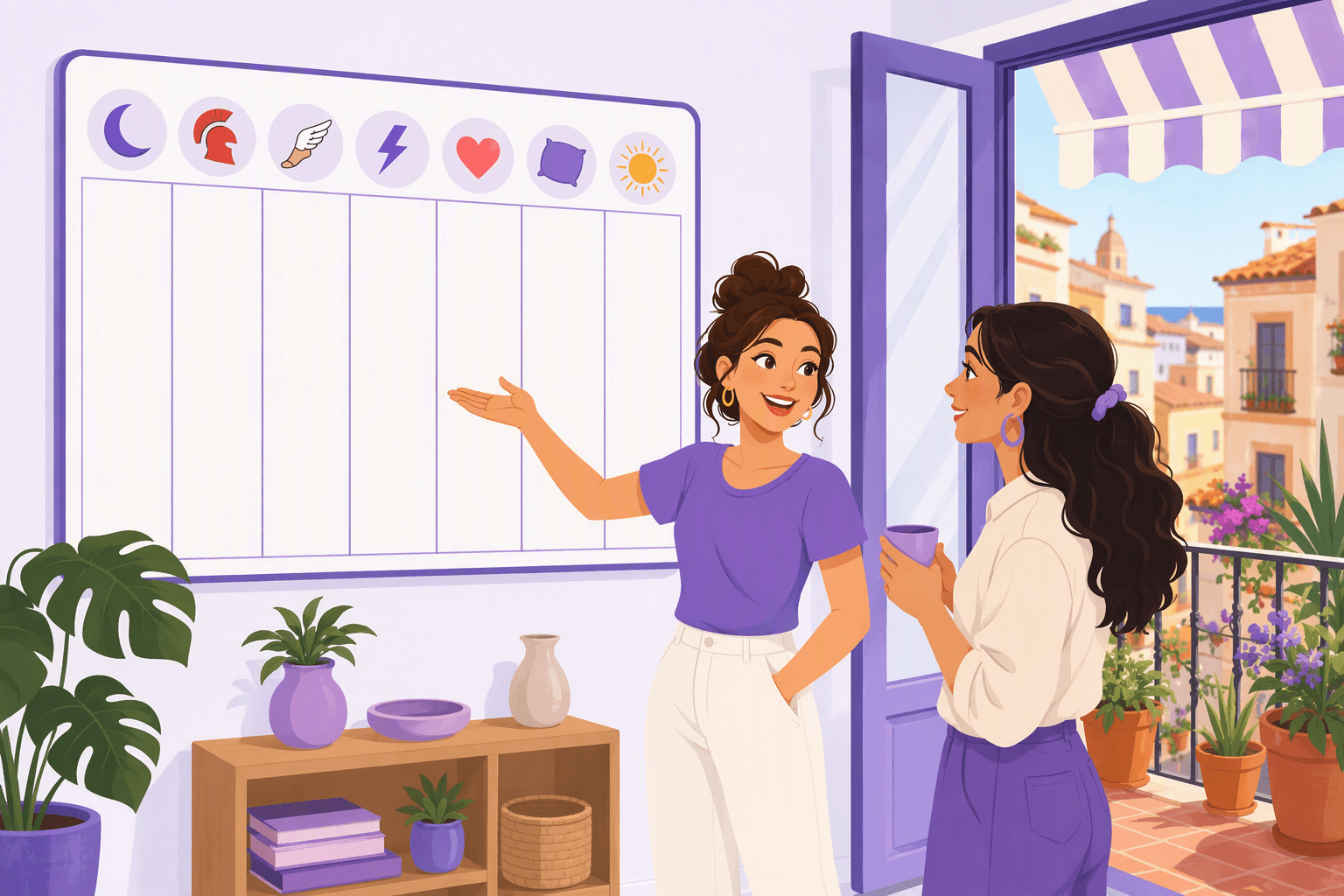 A woman in a sunlit Spanish apartment points at a blank seven-column wall planner topped by moon, Mars, winged sandal, lightning bolt, heart, cushion and sun icons while a friend with a coffee cup listens