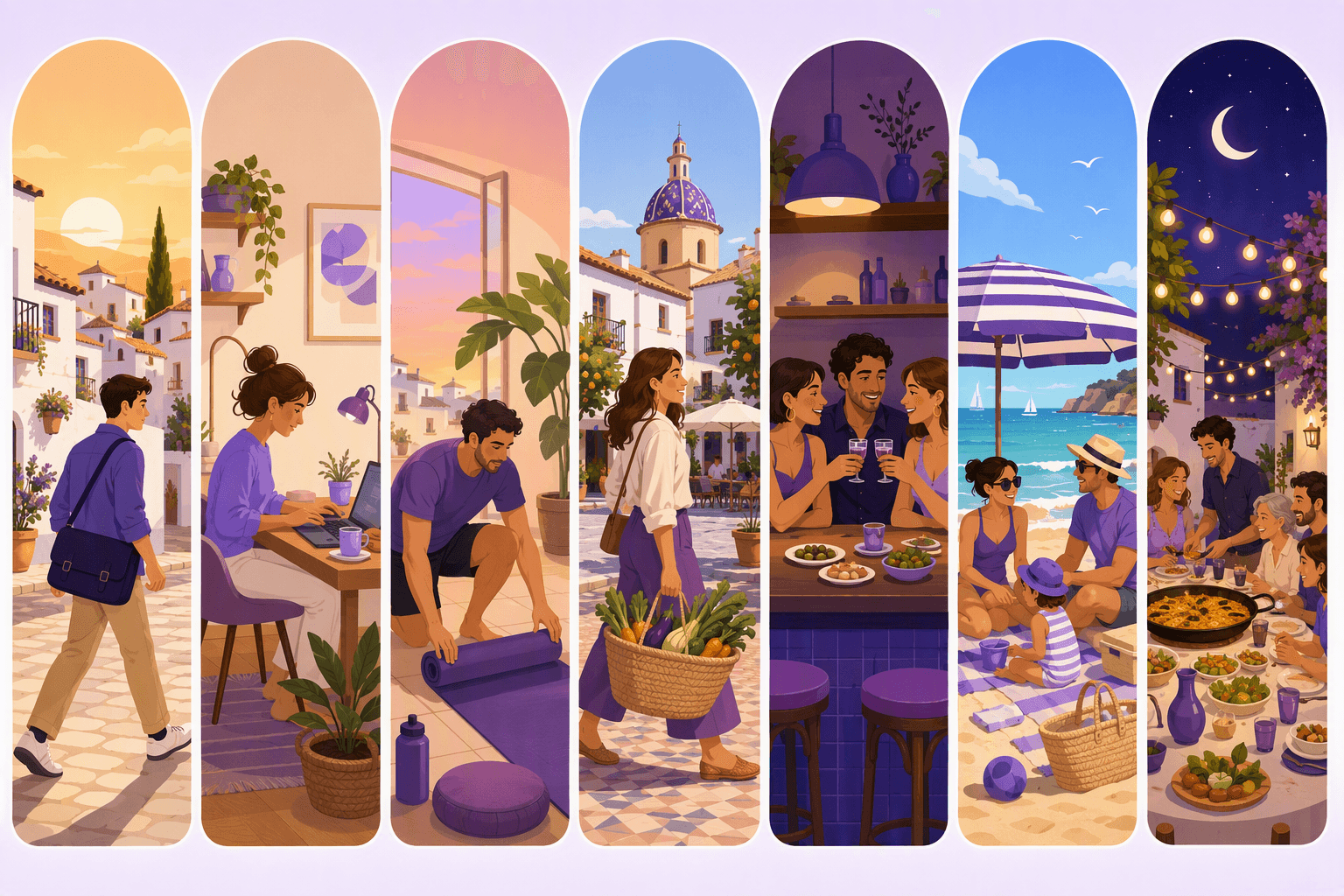 Seven arched panels showing one Spanish week in order: a morning commute, desk work, a yoga mat, a market basket, friends at a tapas bar, a family beach day, and a paella dinner under string lights, with the sky shifting from sunrise to a crescent moon