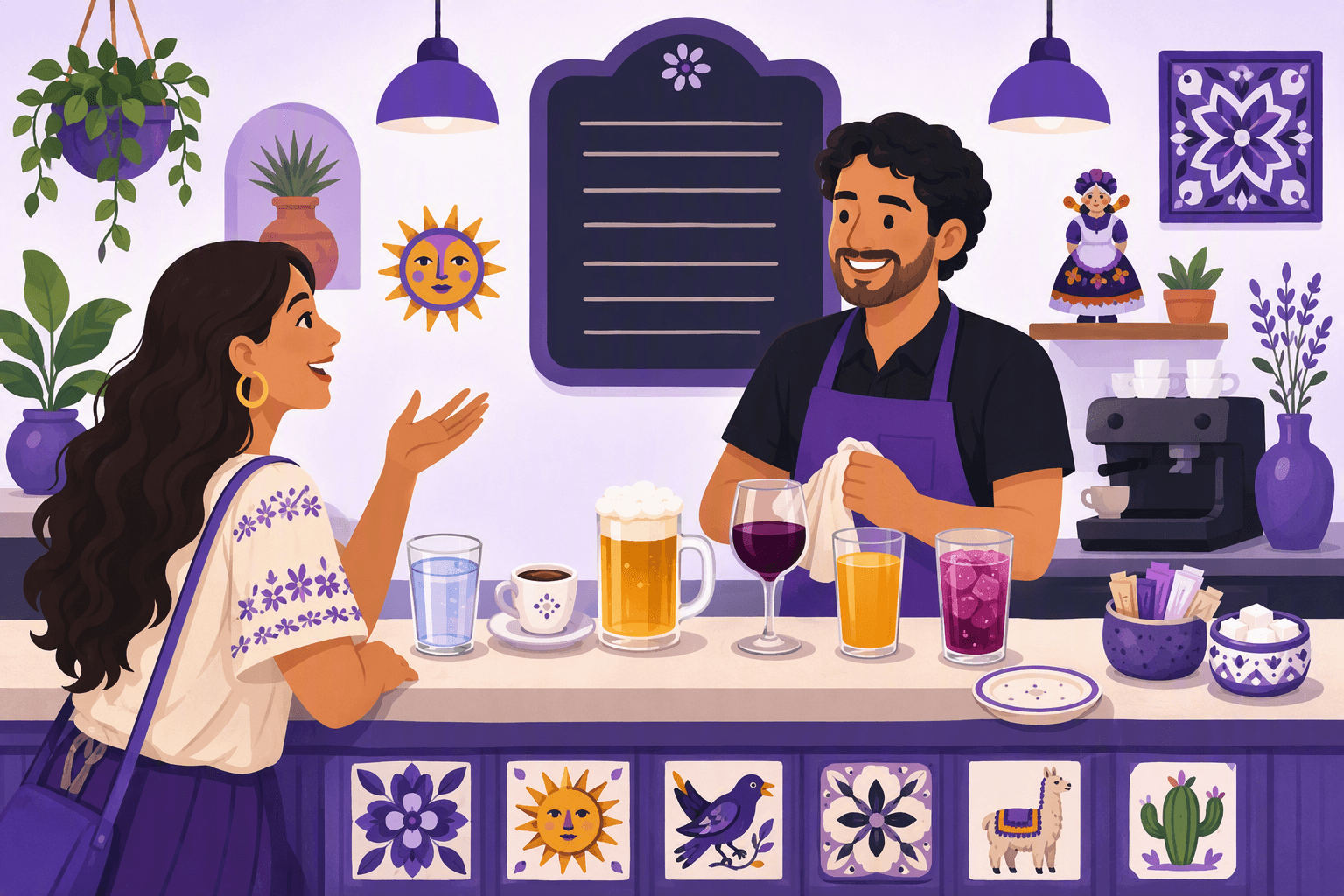 Flat-vector café scene showing water, coffee, beer, wine, orange juice, and soda alongside blank menu markings, sugar packets, a saucer, and decorative motifs from Spain and Latin America.