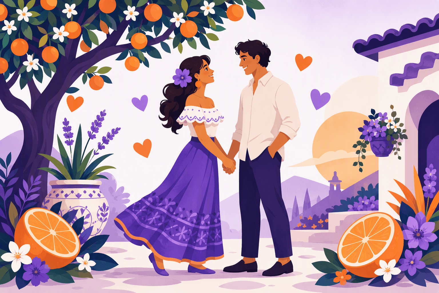 Flat-vector scene of a smiling couple holding hands beneath a flowering orange tree with hearts, matching orange halves, flowers, and warm sunset colors in a romantic courtyard.