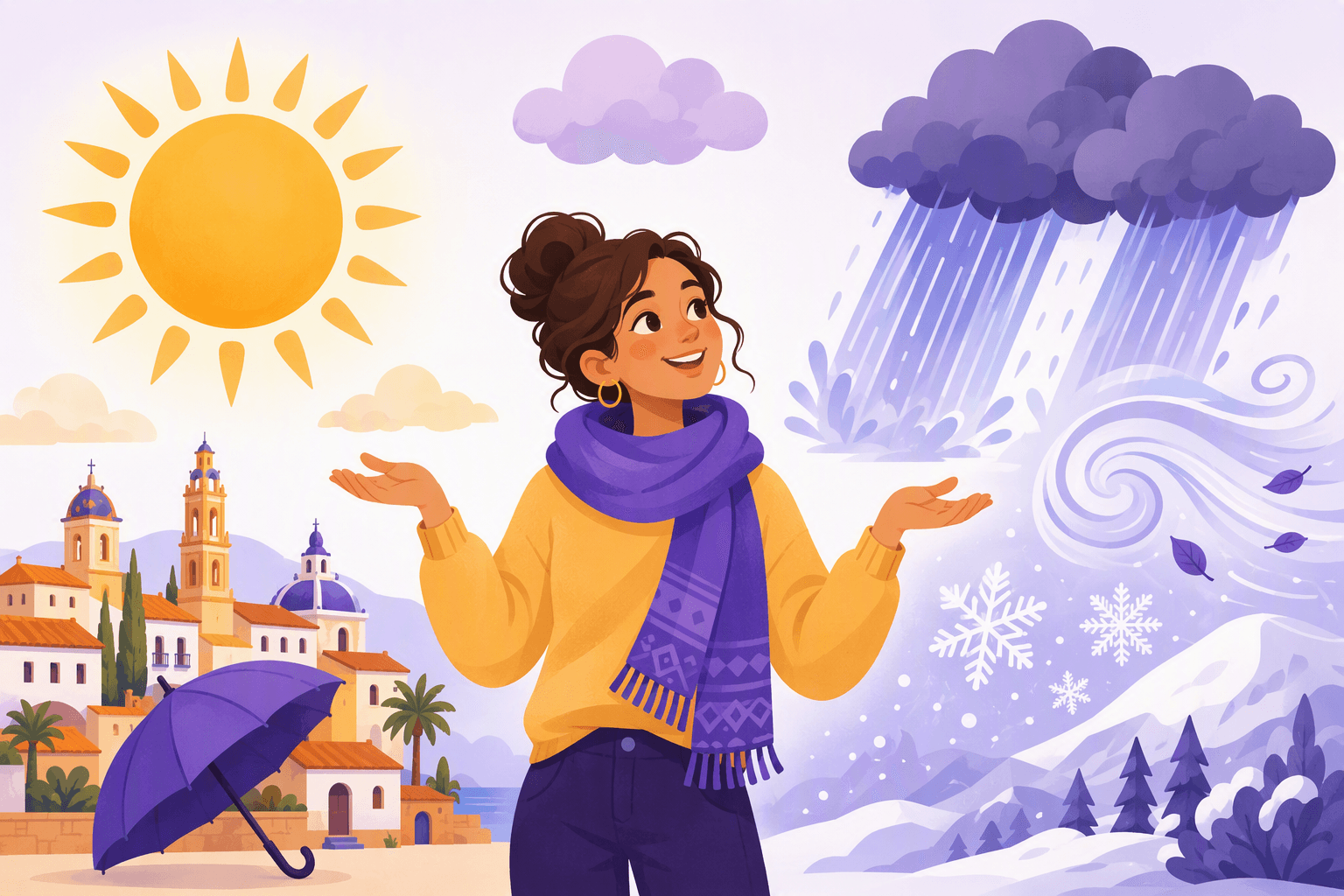 Flat-vector scene of a language learner surrounded by sun, heavy rain clouds, wind, snowflakes, a Spanish-style cityscape, an umbrella, a scarf, and a cloud above their head.