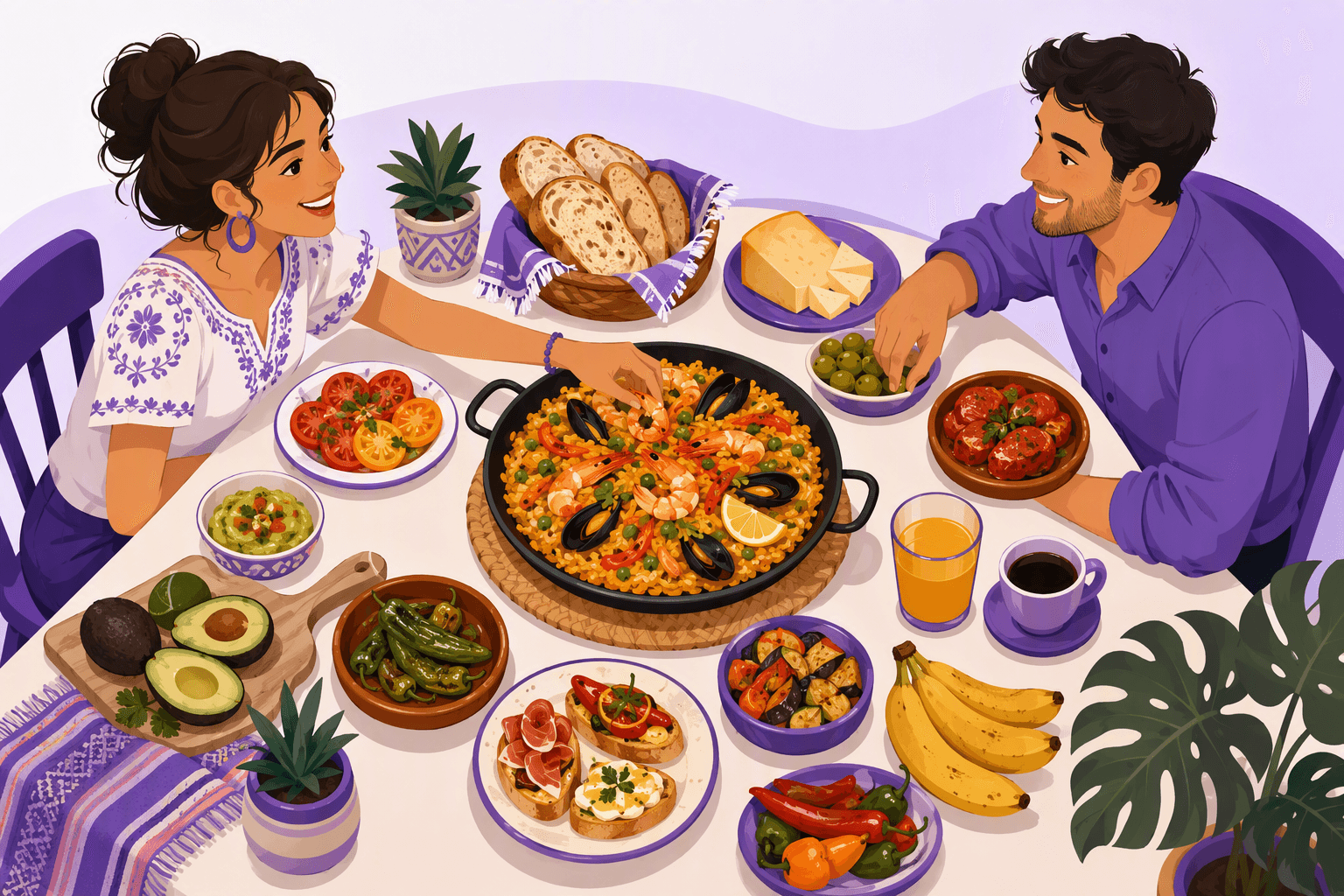 Two friends smiling across a shared table loaded with a seafood rice pan, a basket of bread, a plate of cheese, sliced tomatoes, guacamole, avocados, peppers, bananas, a glass of juice and a cup of coffee