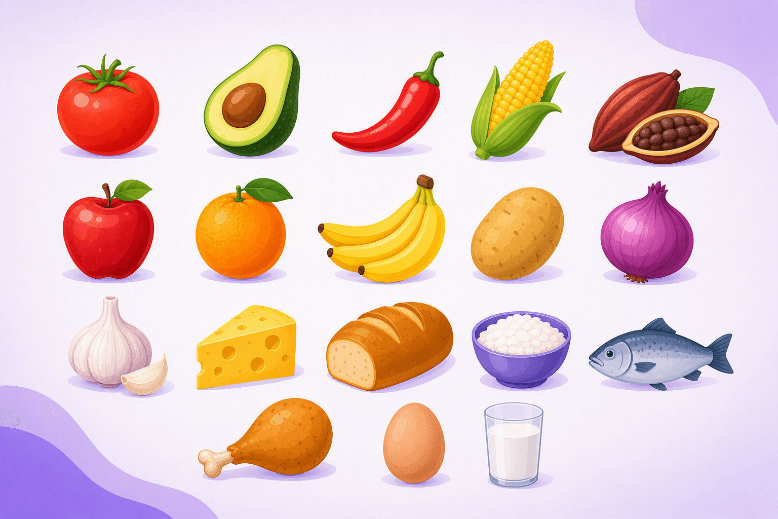 Grid of flat illustrated ingredients: tomato, avocado, red chili, corn cob, cacao pod with beans, apple, orange, bananas, potato, onion, garlic, cheese wedge, loaf of bread, bowl of rice, fish, chicken drumstick, egg and a glass of milk