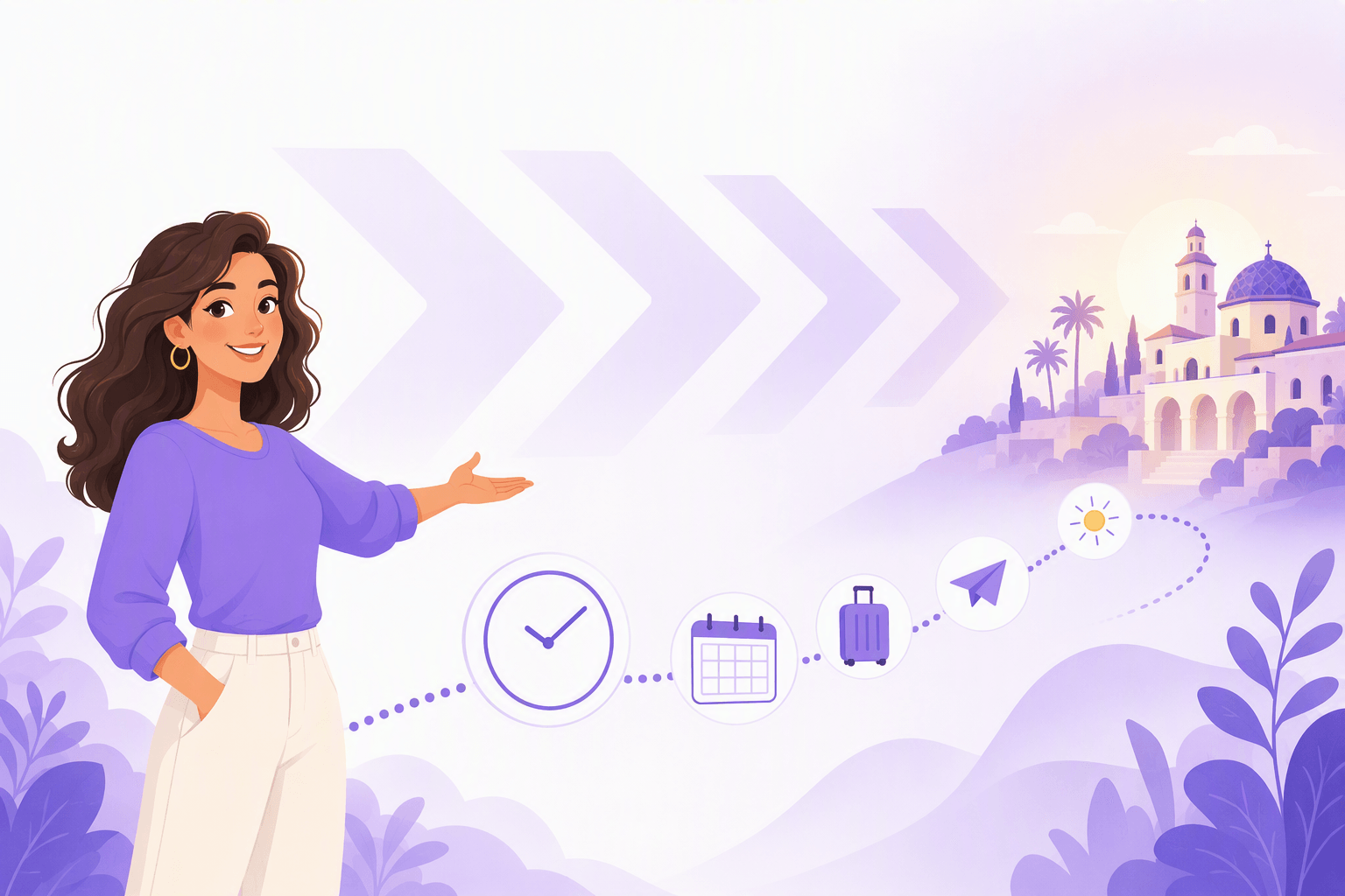 A Spanish speaker gesturing forward along a dotted timeline of clock, calendar, suitcase and travel icons that leads toward a sunlit Spanish town