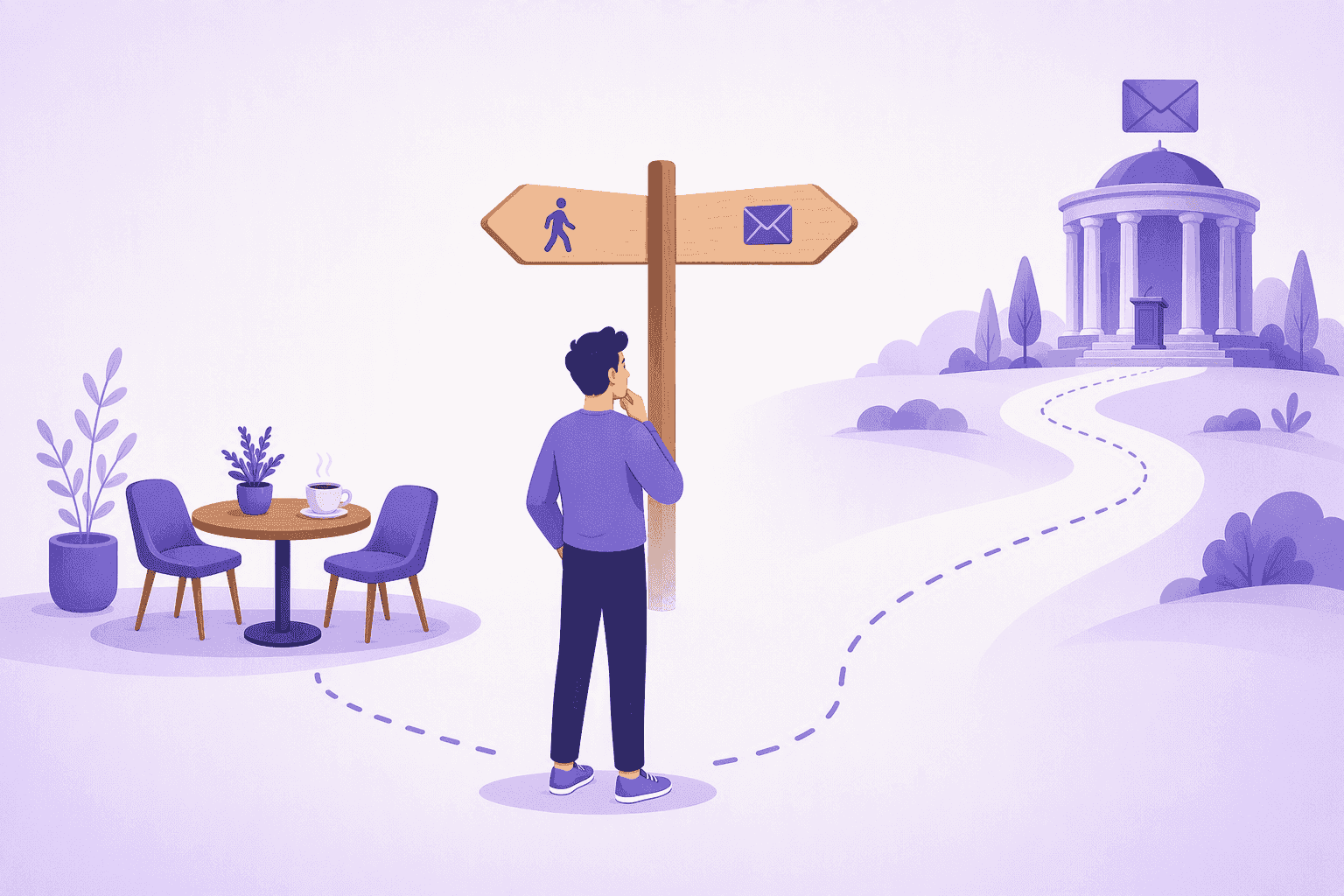 A learner at a signpost choosing between a short path to a nearby cafe table and a long path toward a formal columned building