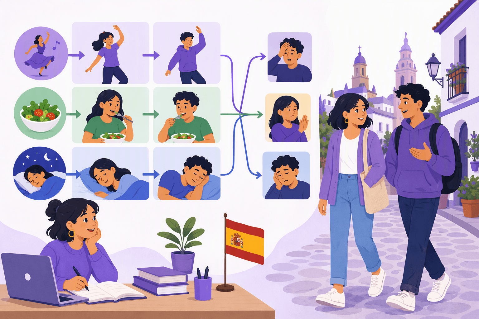 Flat-vector illustration of two people learning Spanish through three color-coded regular verb patterns, branching irregular examples, and a natural conversation while walking beside a Spanish flag.
